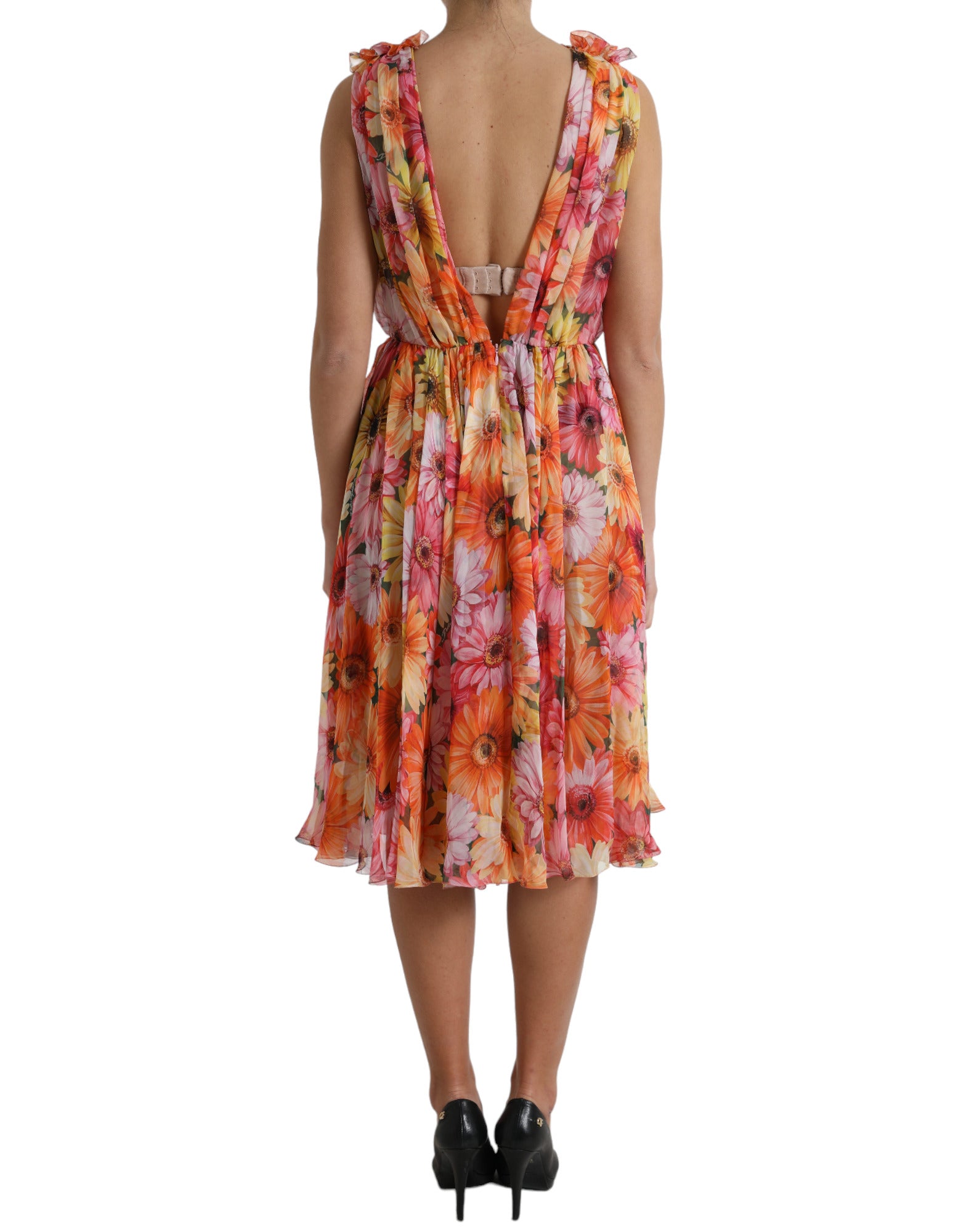 Multicolor zijden midi-jurk met zonnebloemprint