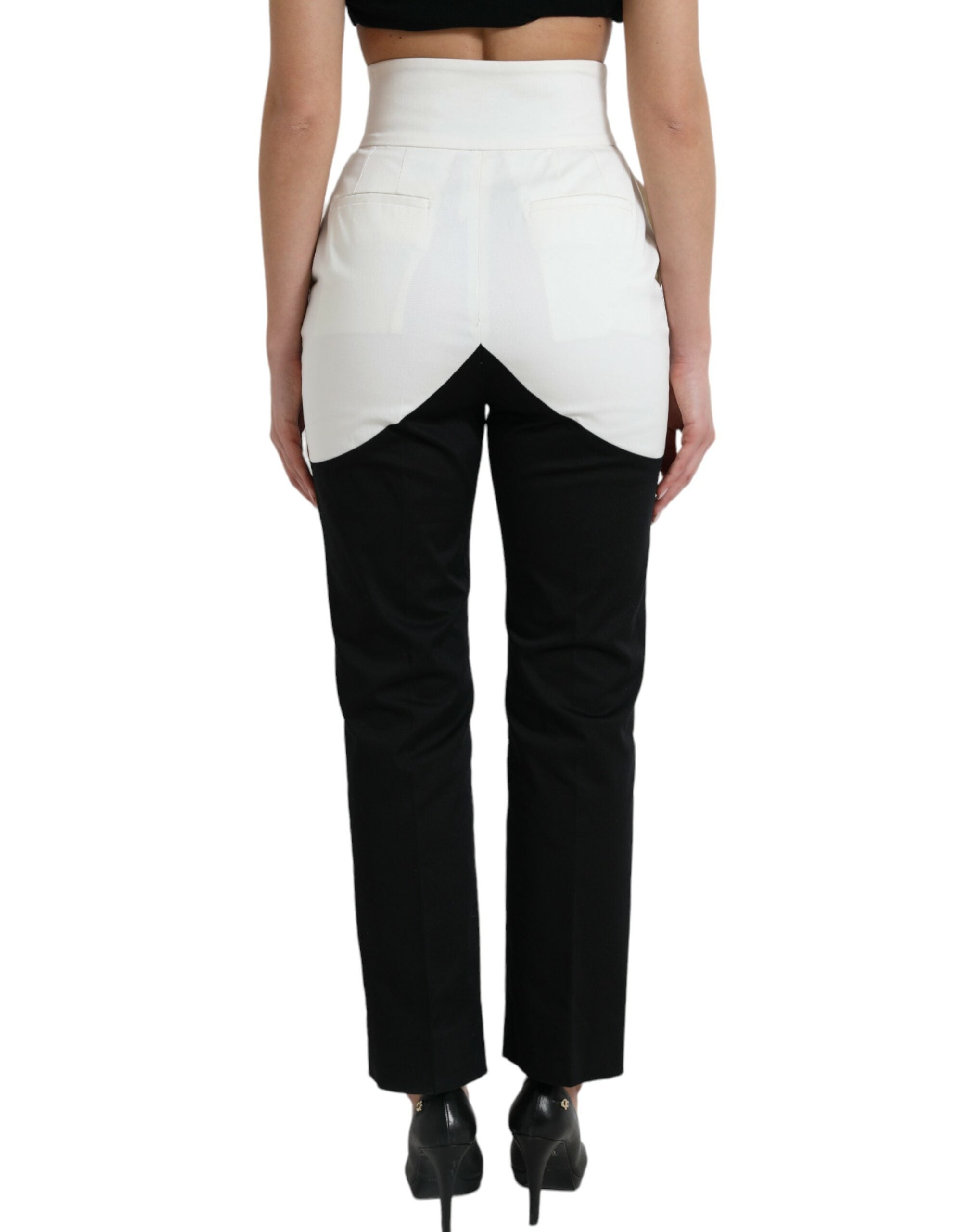 Zwarte witte katoenen broek met uitgesneden taille en taps toelopende pijpen