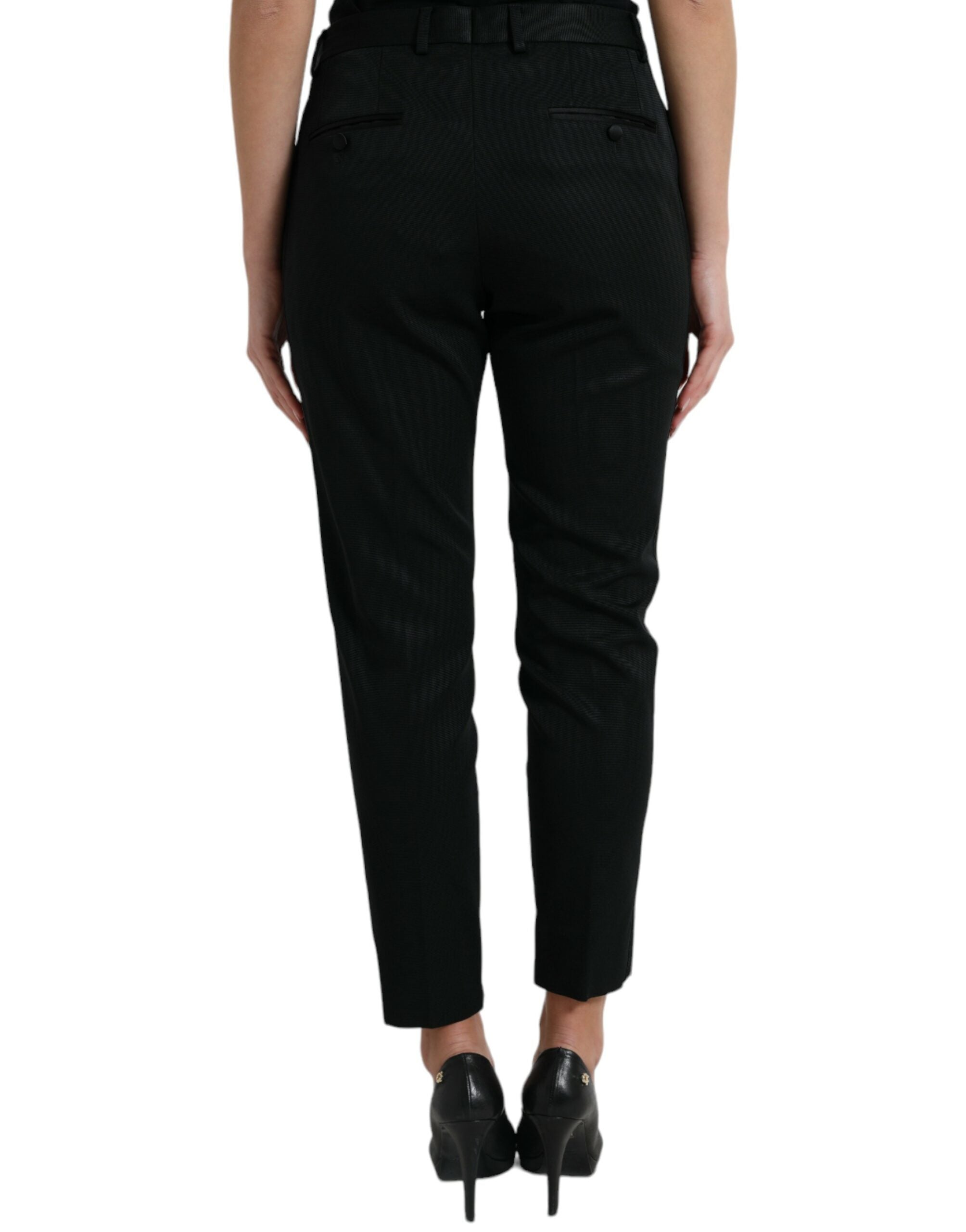 Zwarte wollen cropped, taps toelopende broek met hoge taille