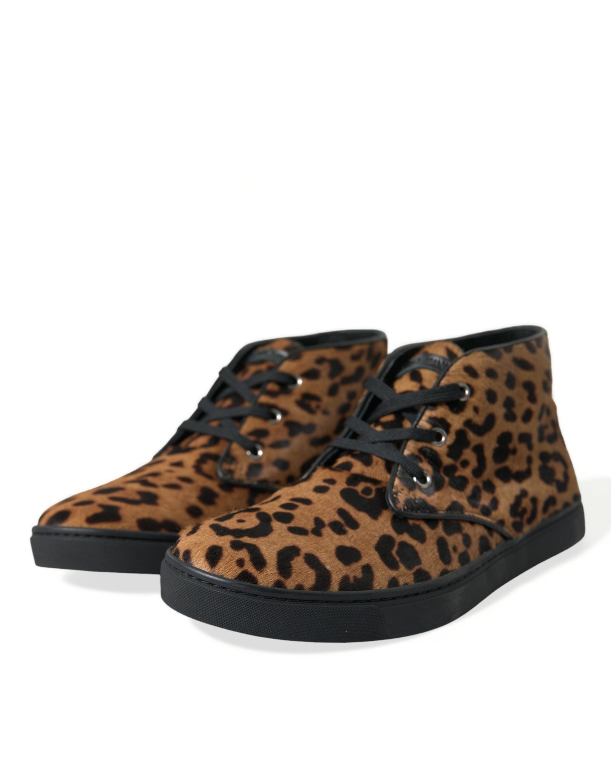 Bruine luipaardprint leren sneakers met ponyhaar
