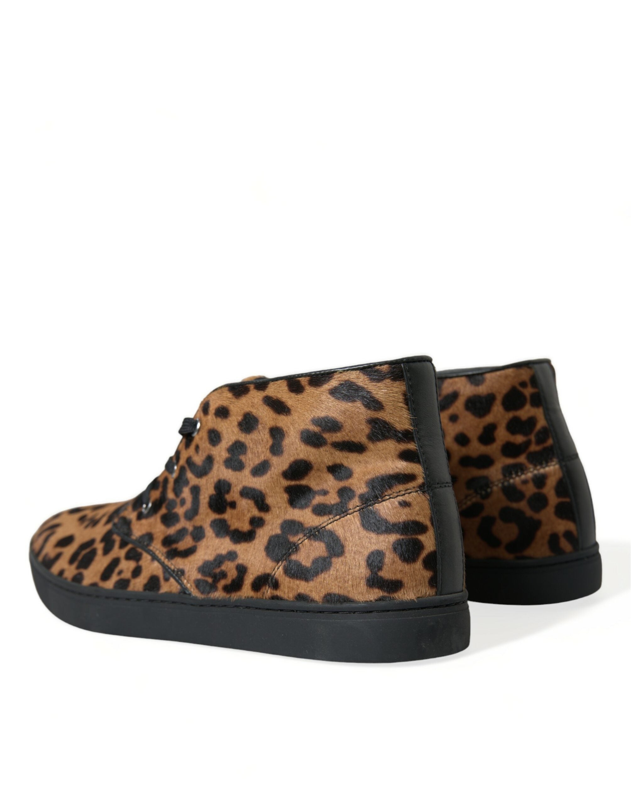 Bruine luipaardprint leren sneakers met ponyhaar