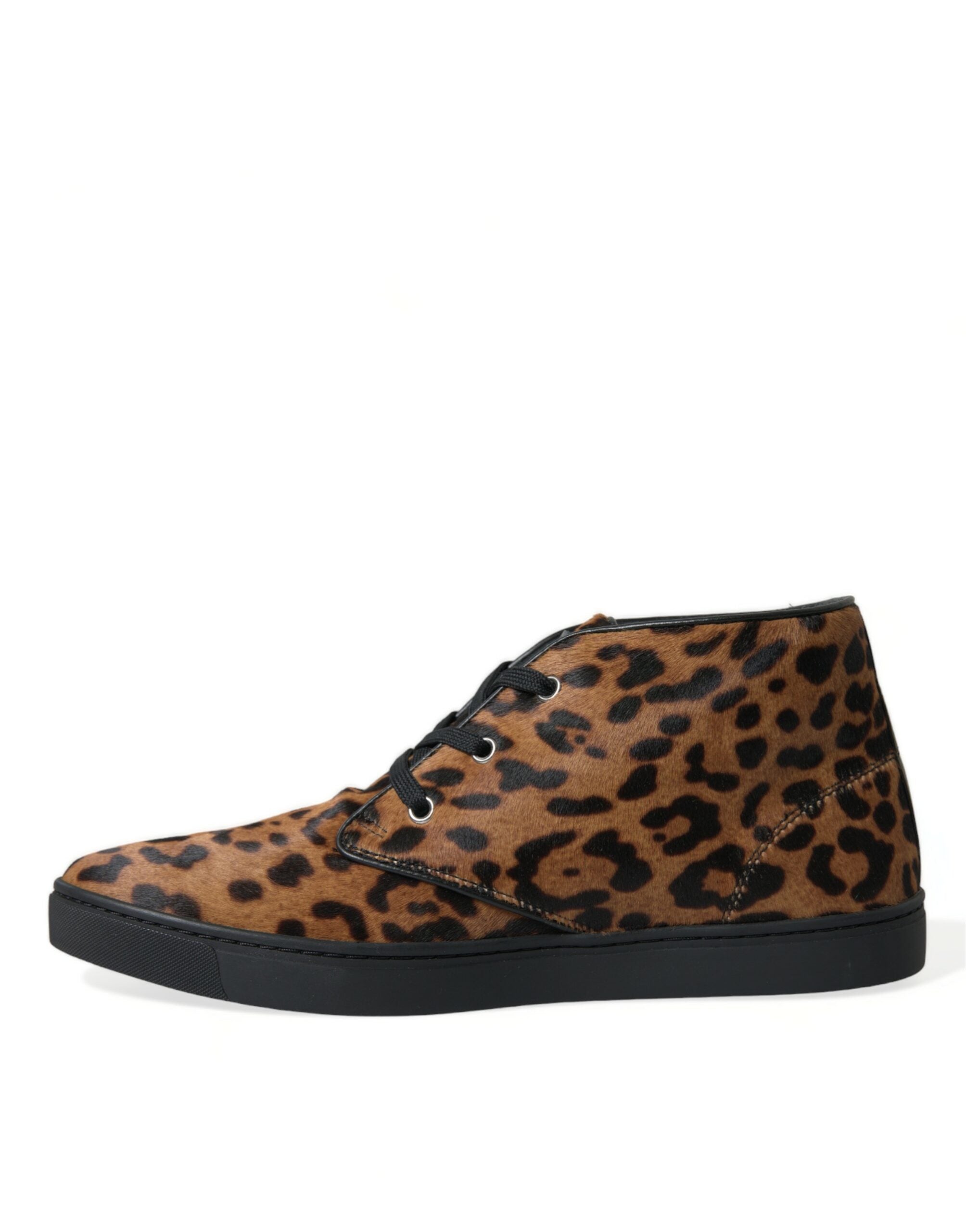 Bruine luipaardprint leren sneakers met ponyhaar