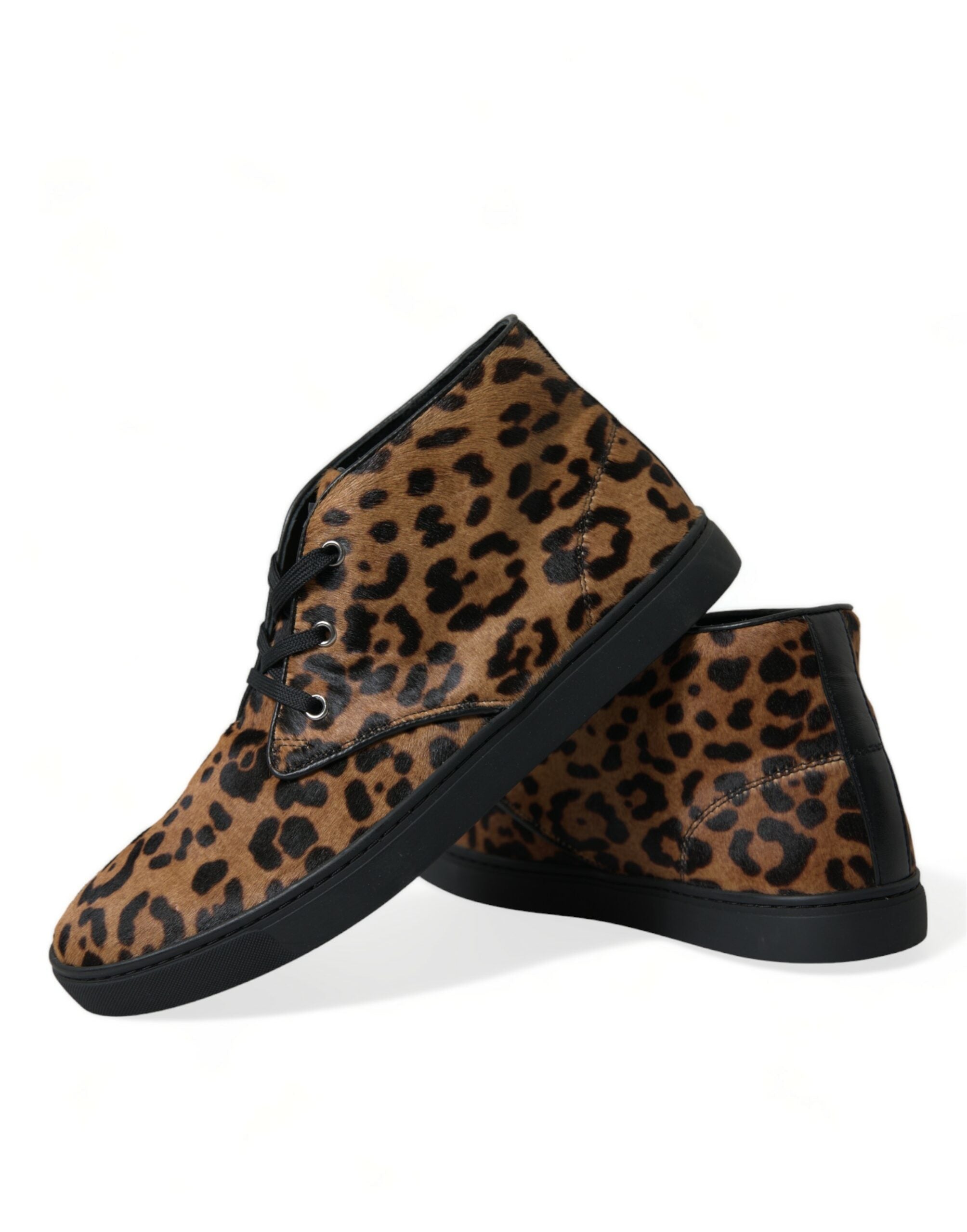 Bruine luipaardprint leren sneakers met ponyhaar