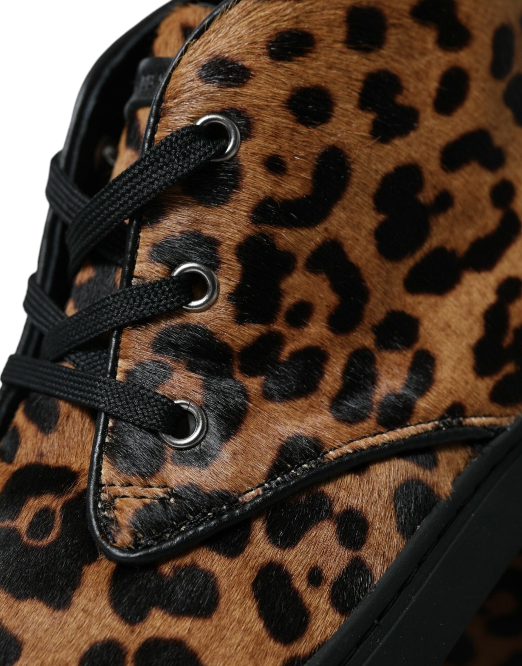 Bruine luipaardprint leren sneakers met ponyhaar