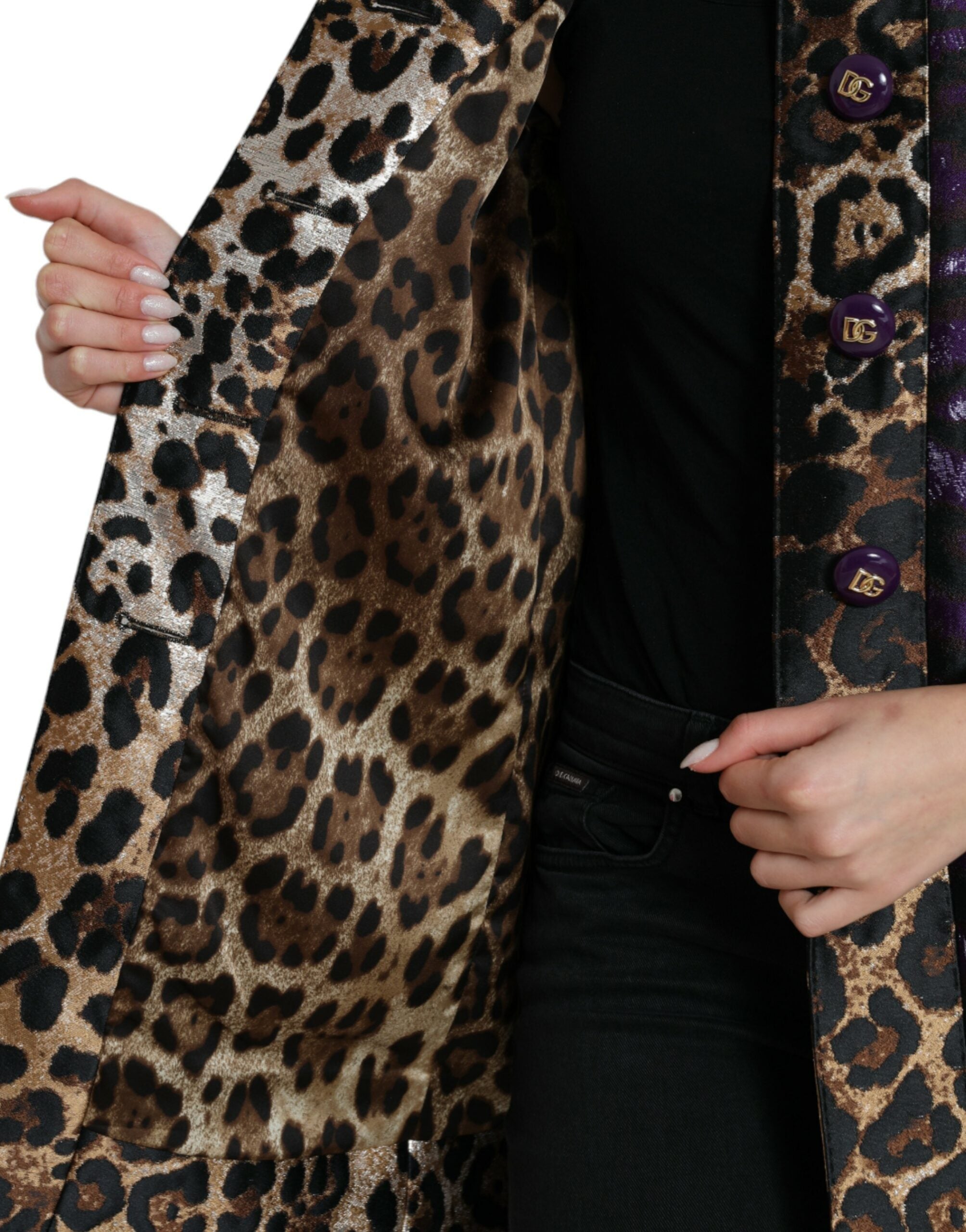 Paars lamé jacquard jas met tijgerprint