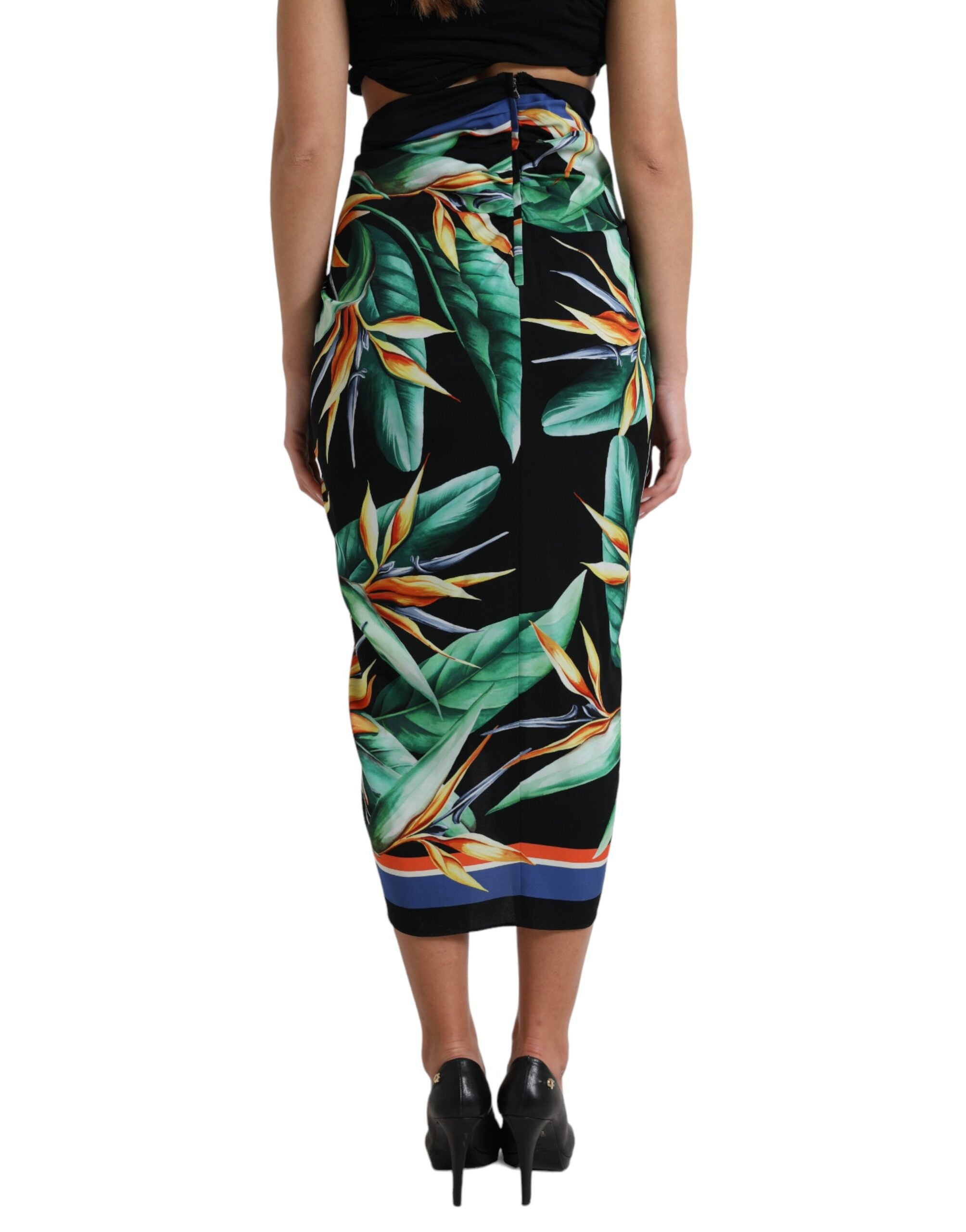 Zwarte Strelitzia High Waist Wikkel Midi Rok