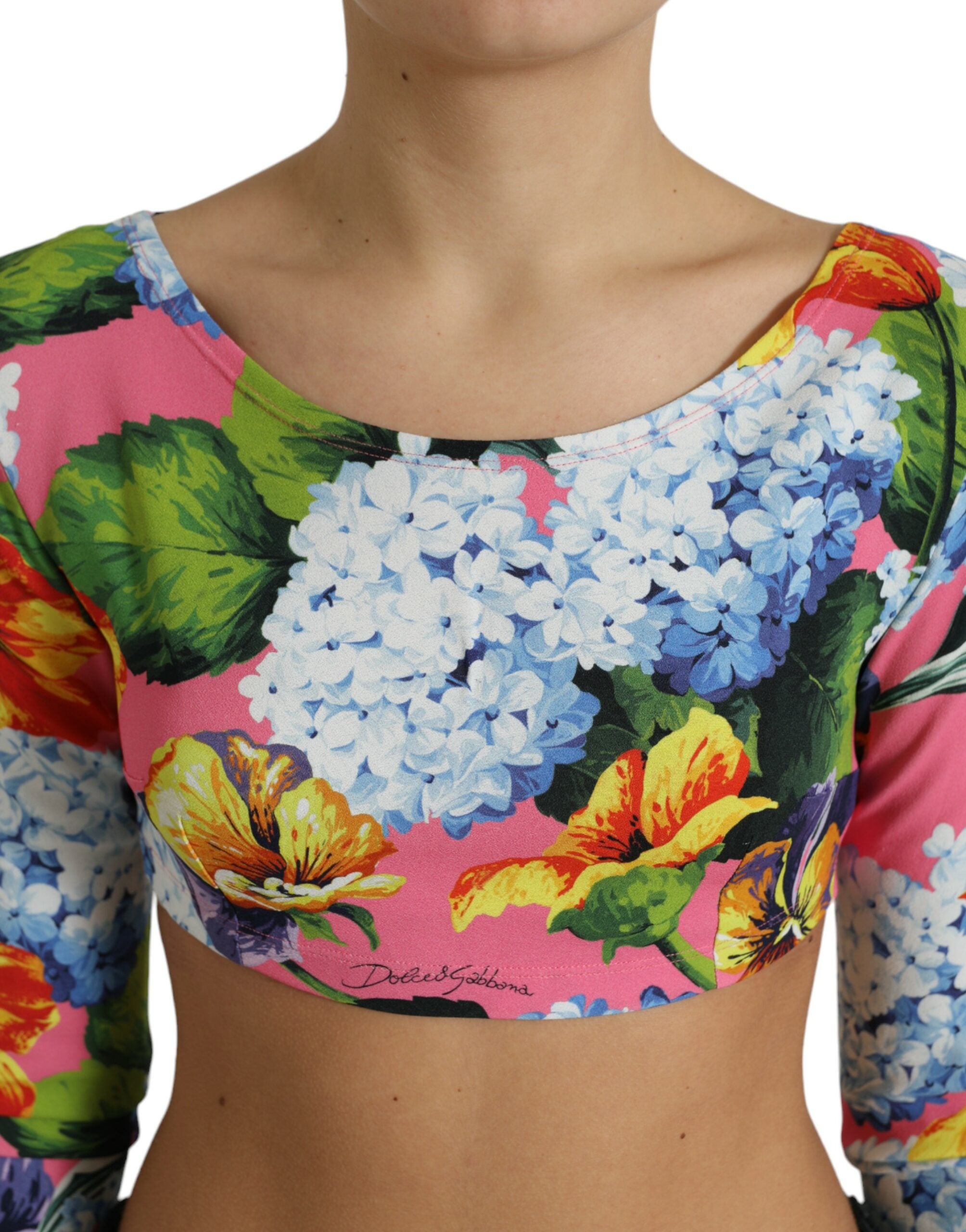 Veelkleurige bloemen crop top met lange mouwen
