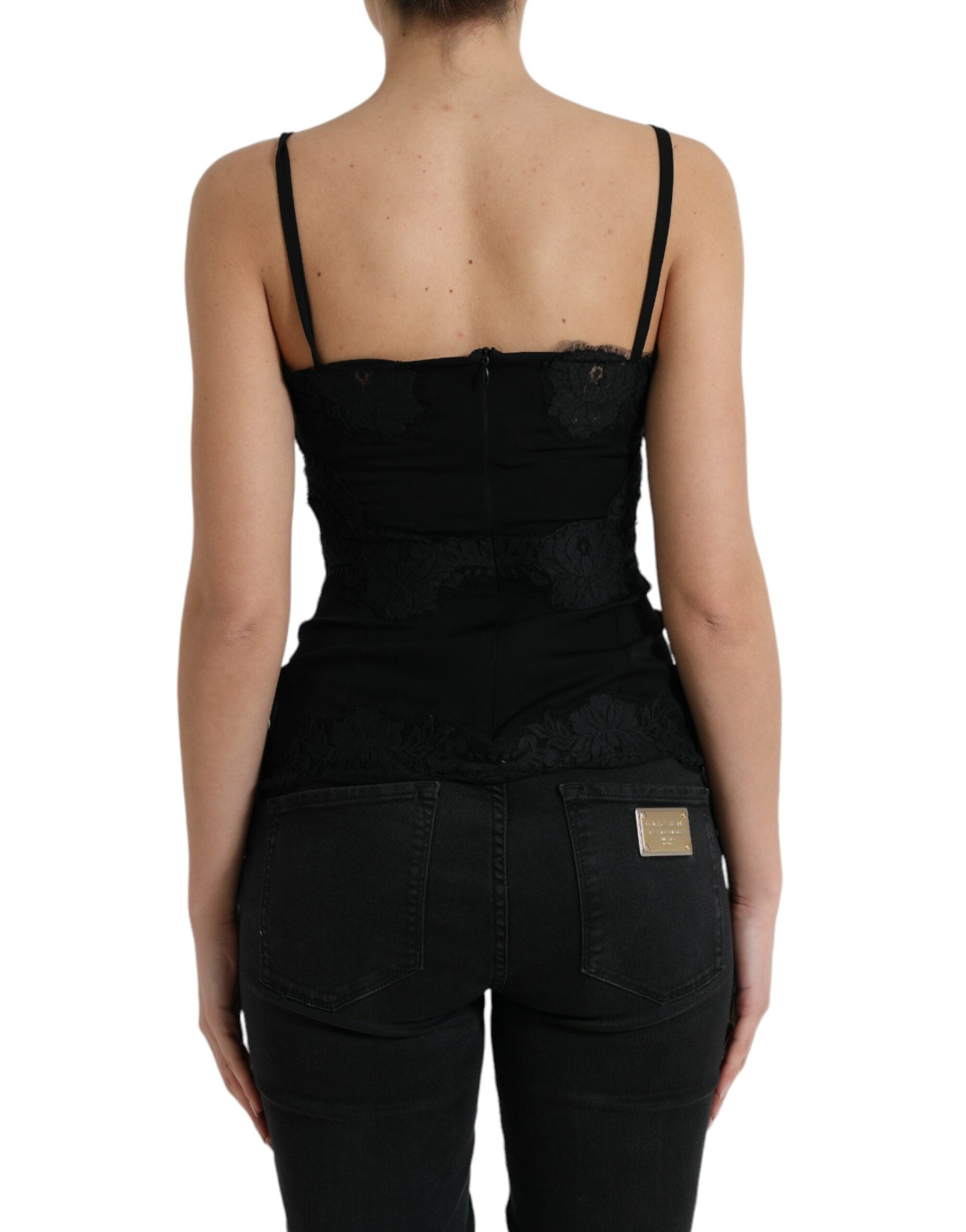 Zwarte zijden stretch kanten mouwloze tanktop