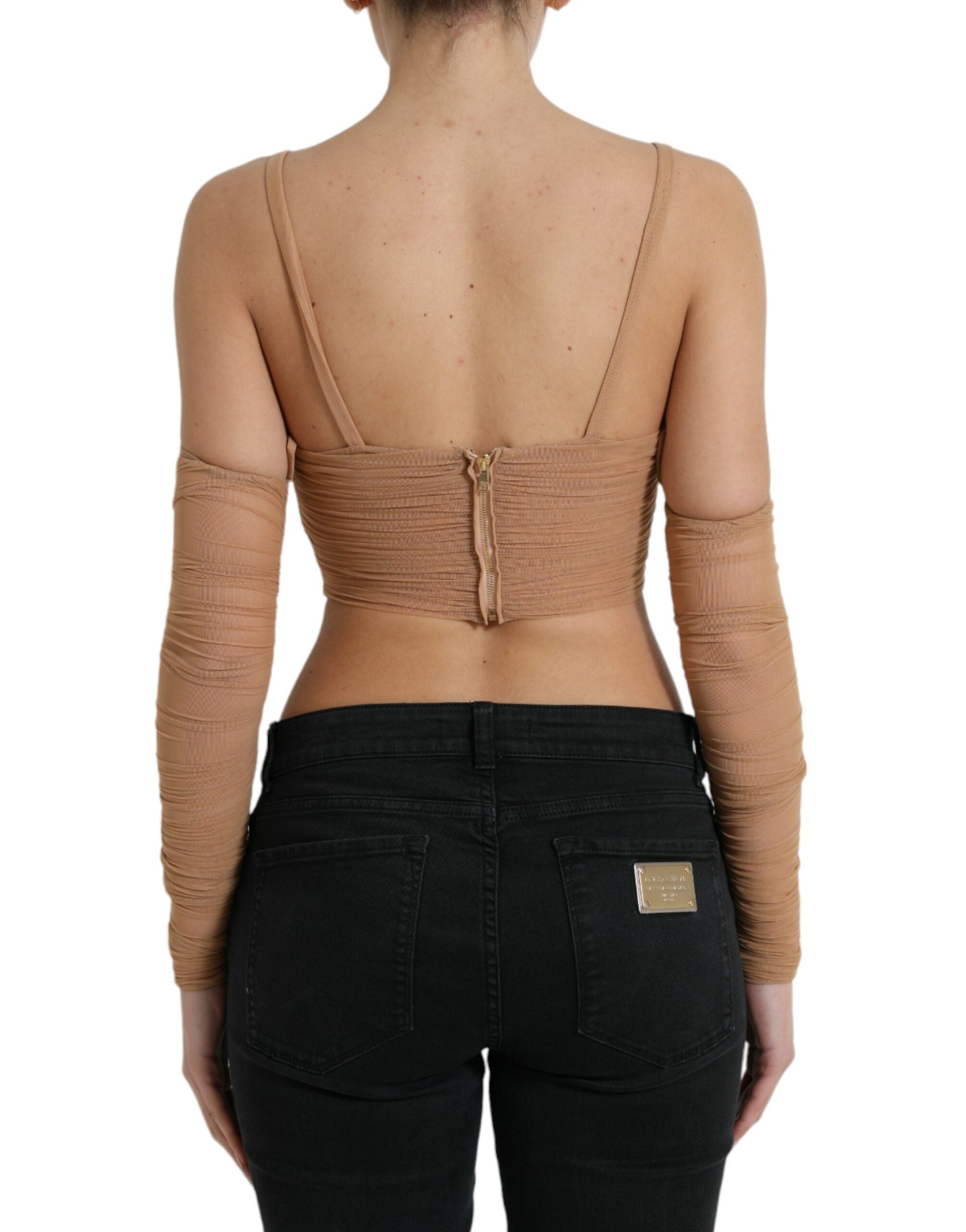 Bruine nylon stretch open schouder crop top