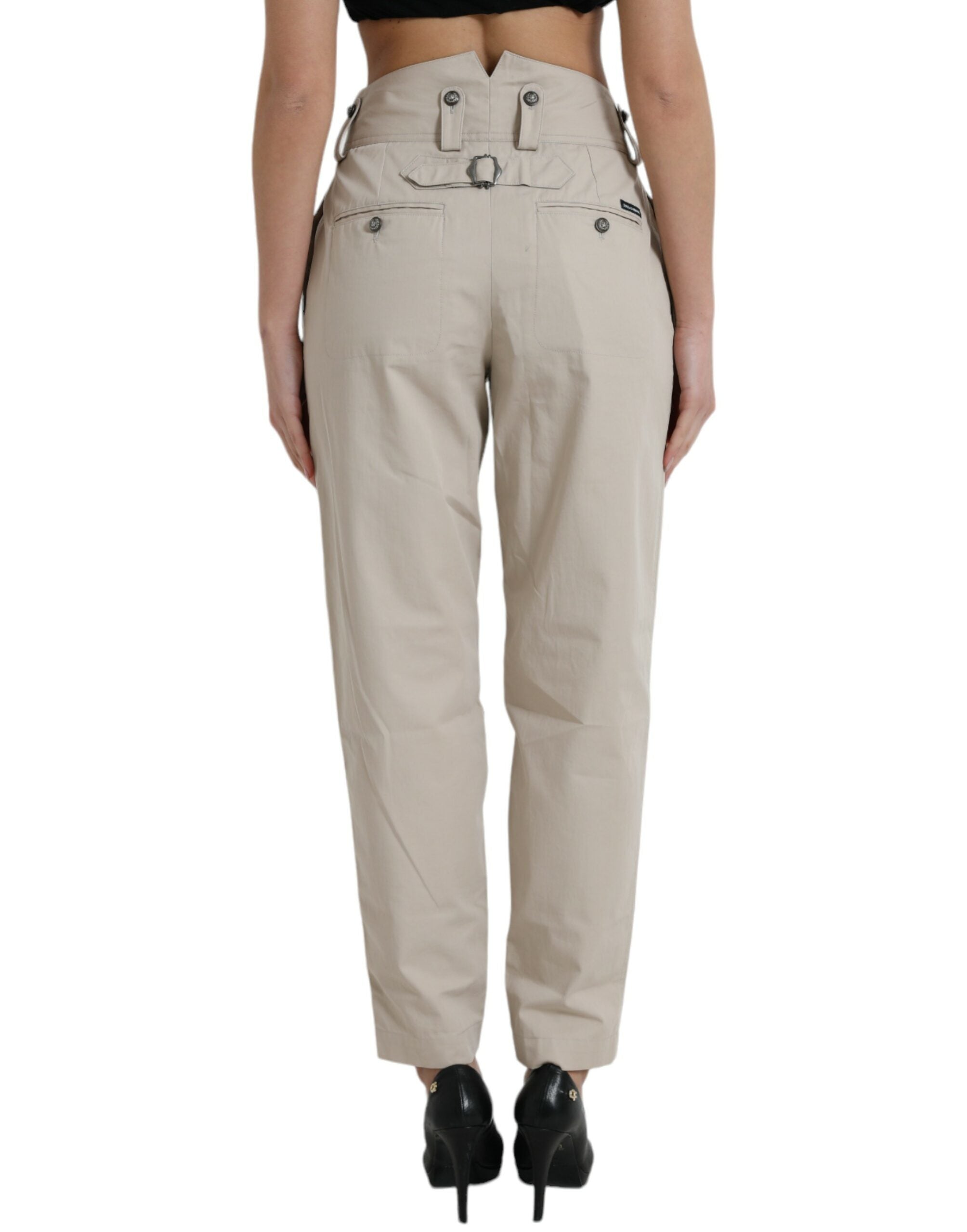 Beige katoenen hoge taille taps toelopende broek