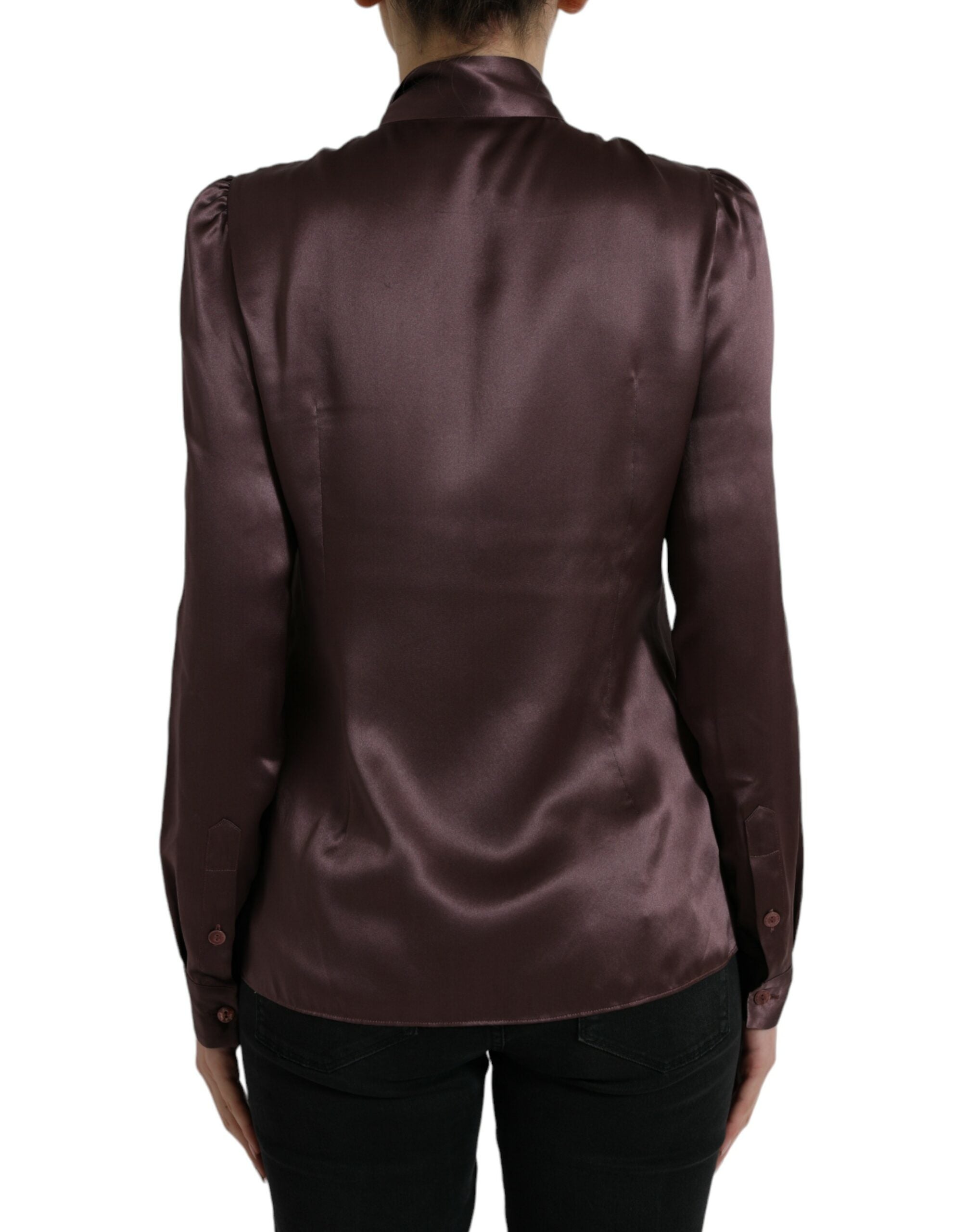 Bruine zijden Ascot kraag blouse met lange mouwen