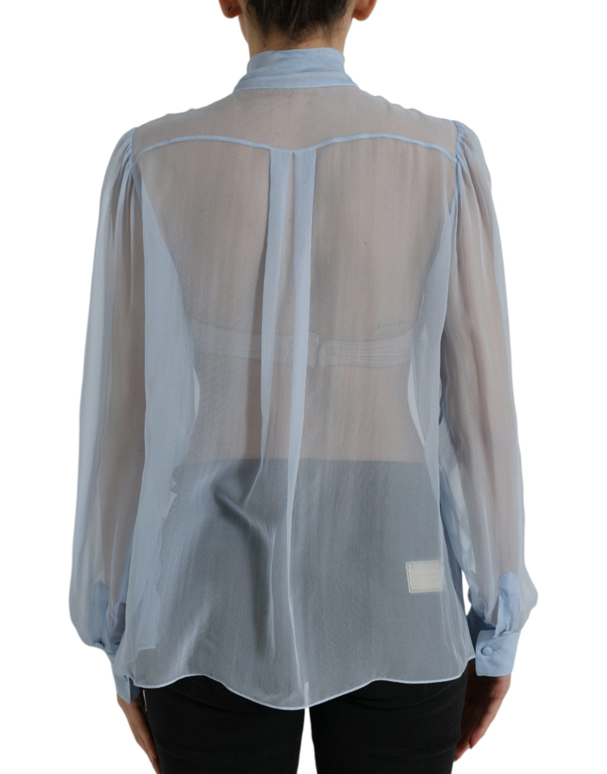 Blauwe blouse met lange mouwen en Ascot-kraag