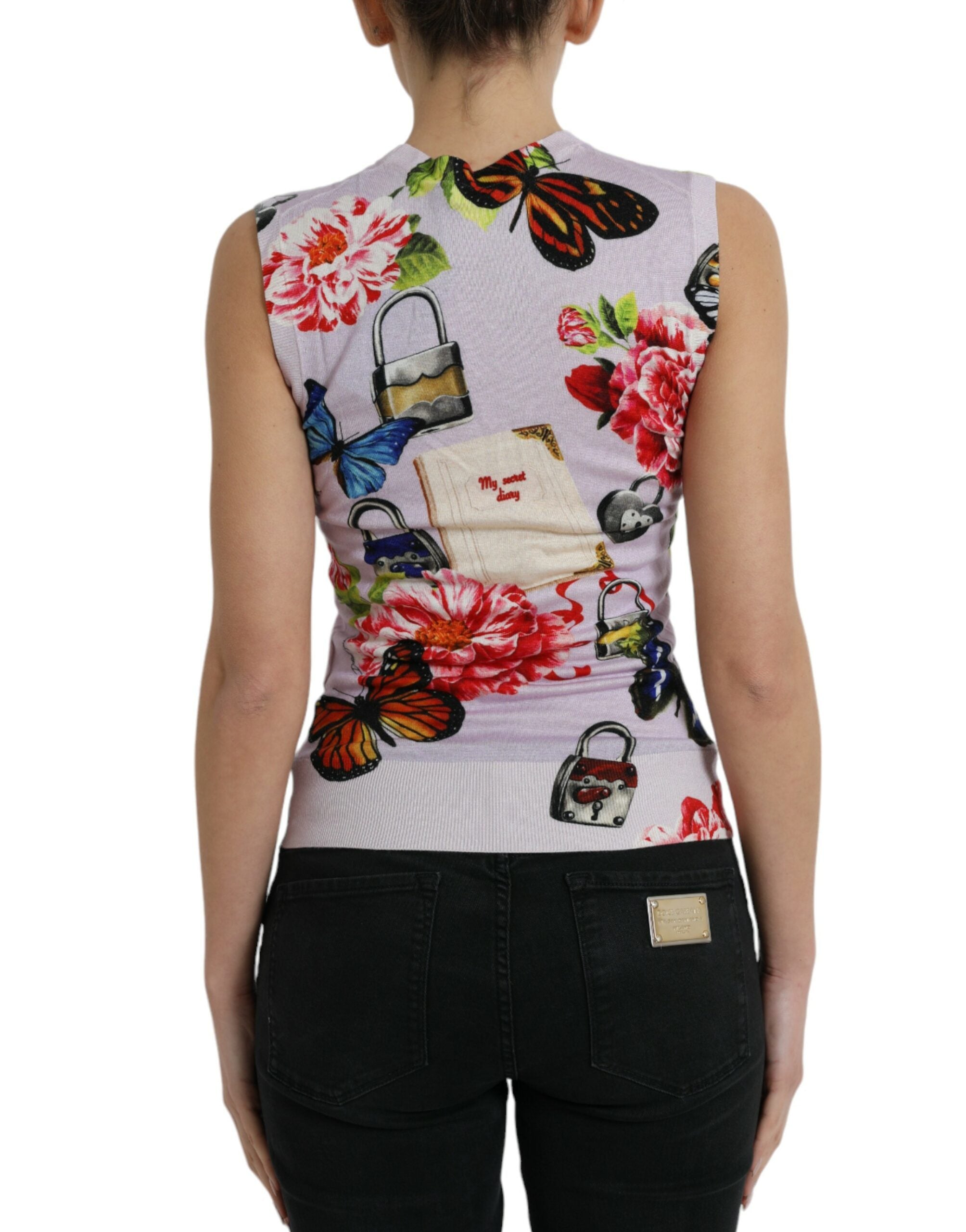 Veelkleurige tanktop met bloemenhangslot en vlindermotief