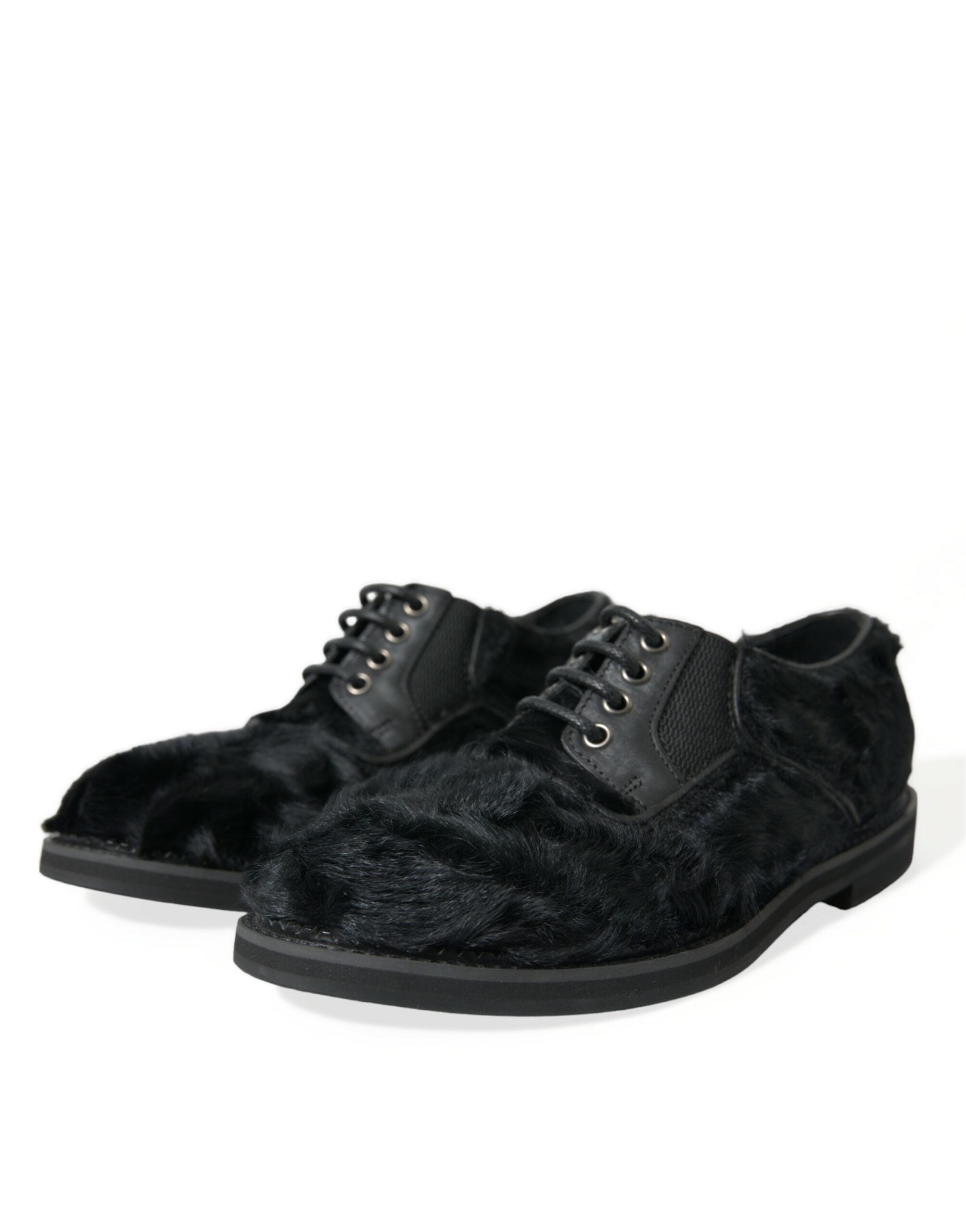Zwarte veterschoenen van bontleer met derby-motief