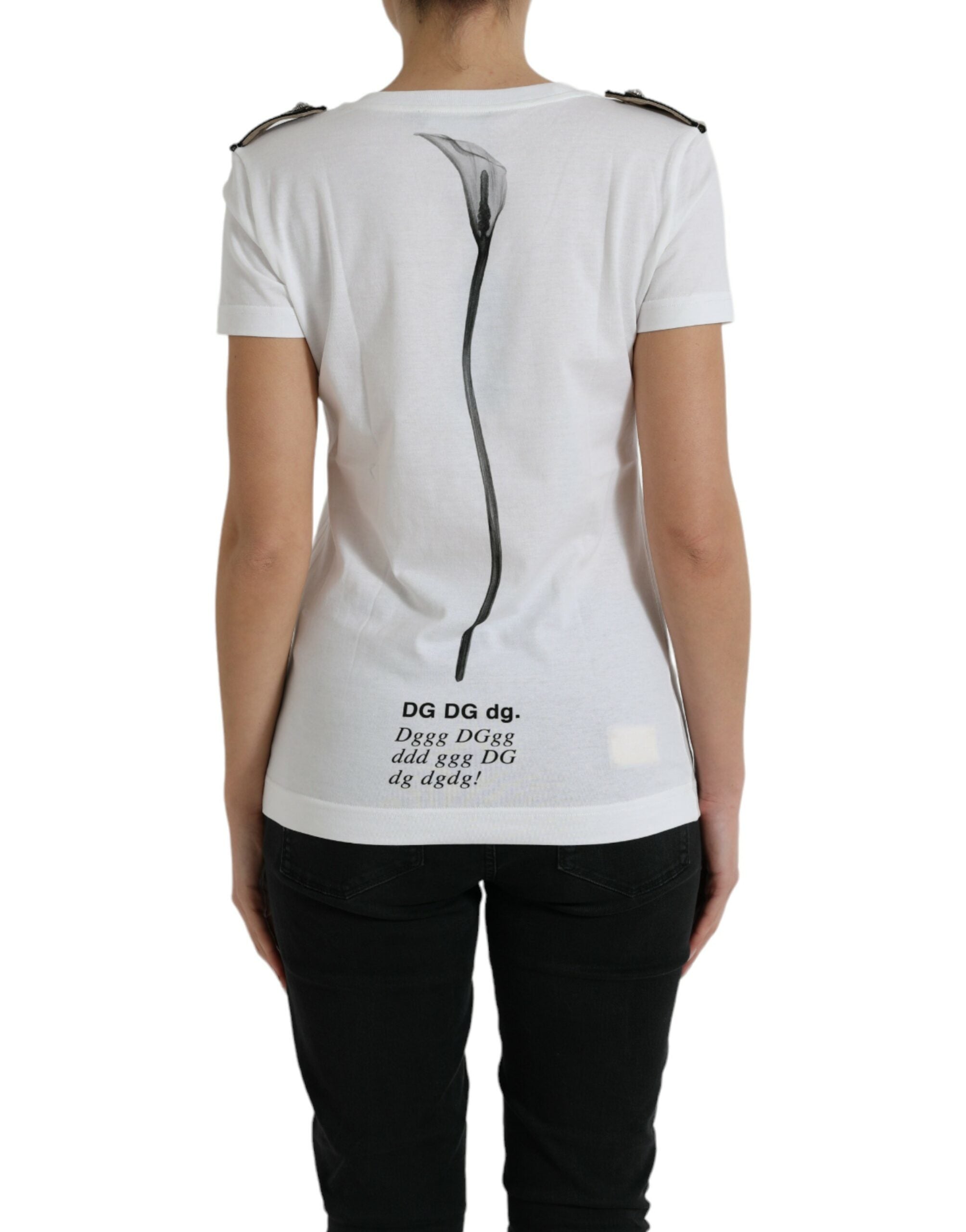 Wit zwart rozen ronde hals katoenen T-shirt