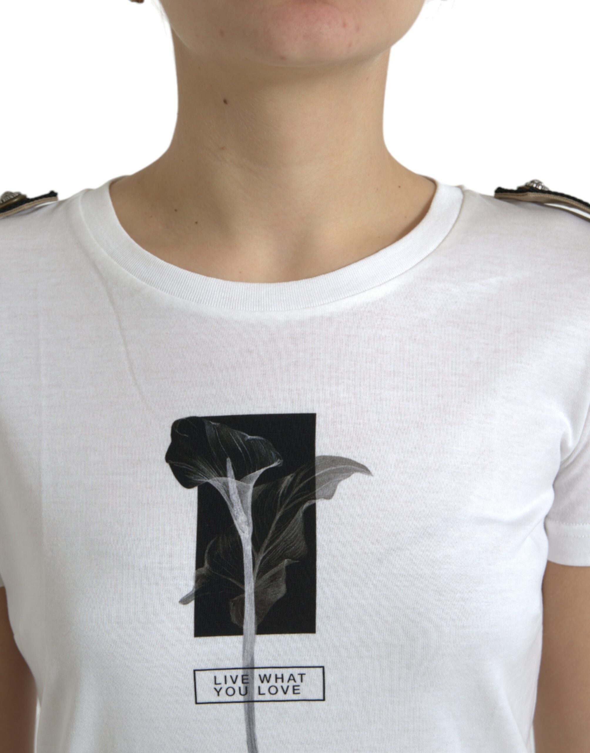 Wit zwart rozen ronde hals katoenen T-shirt
