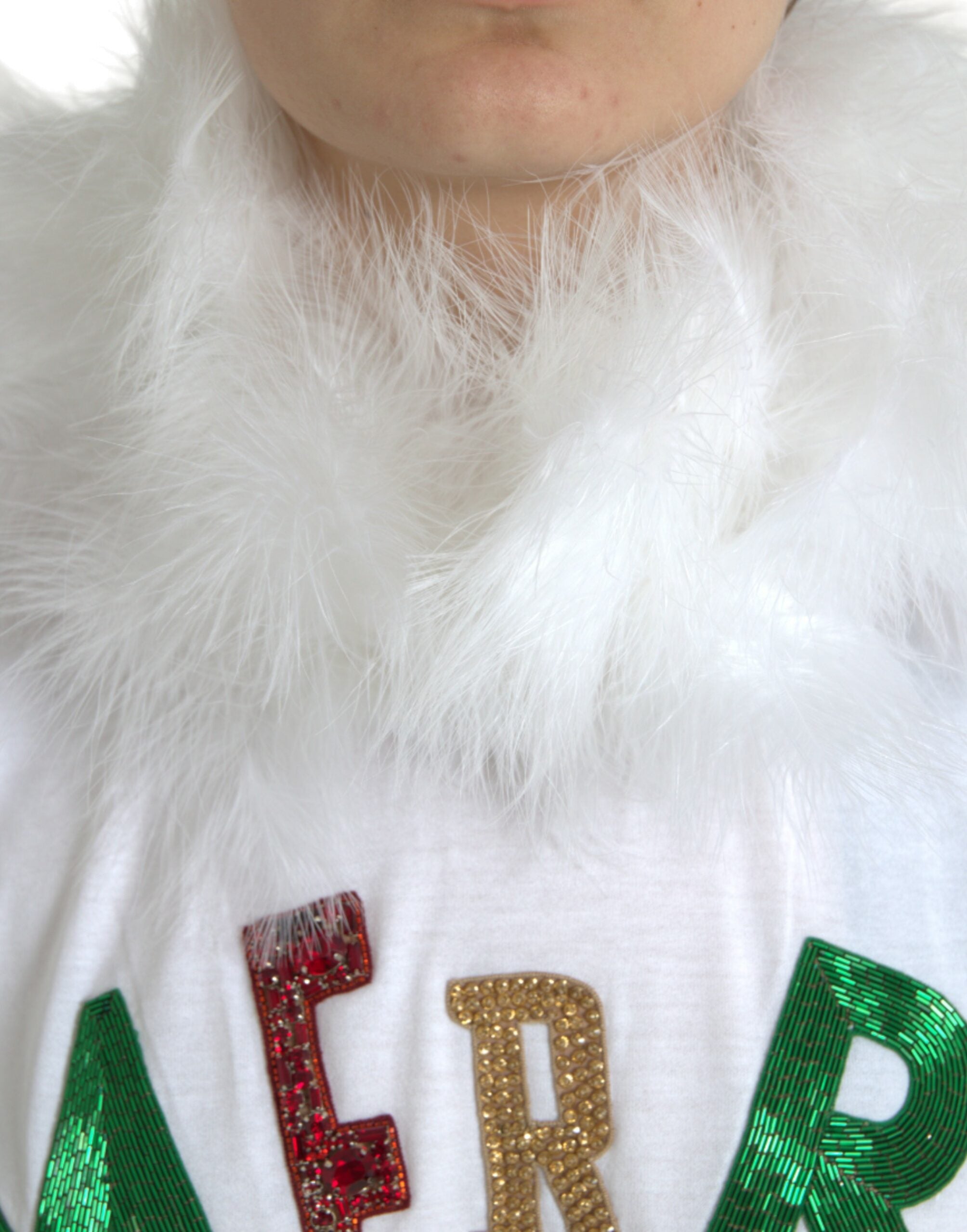 Wit katoenen kerst T-shirt met pailletten en bont