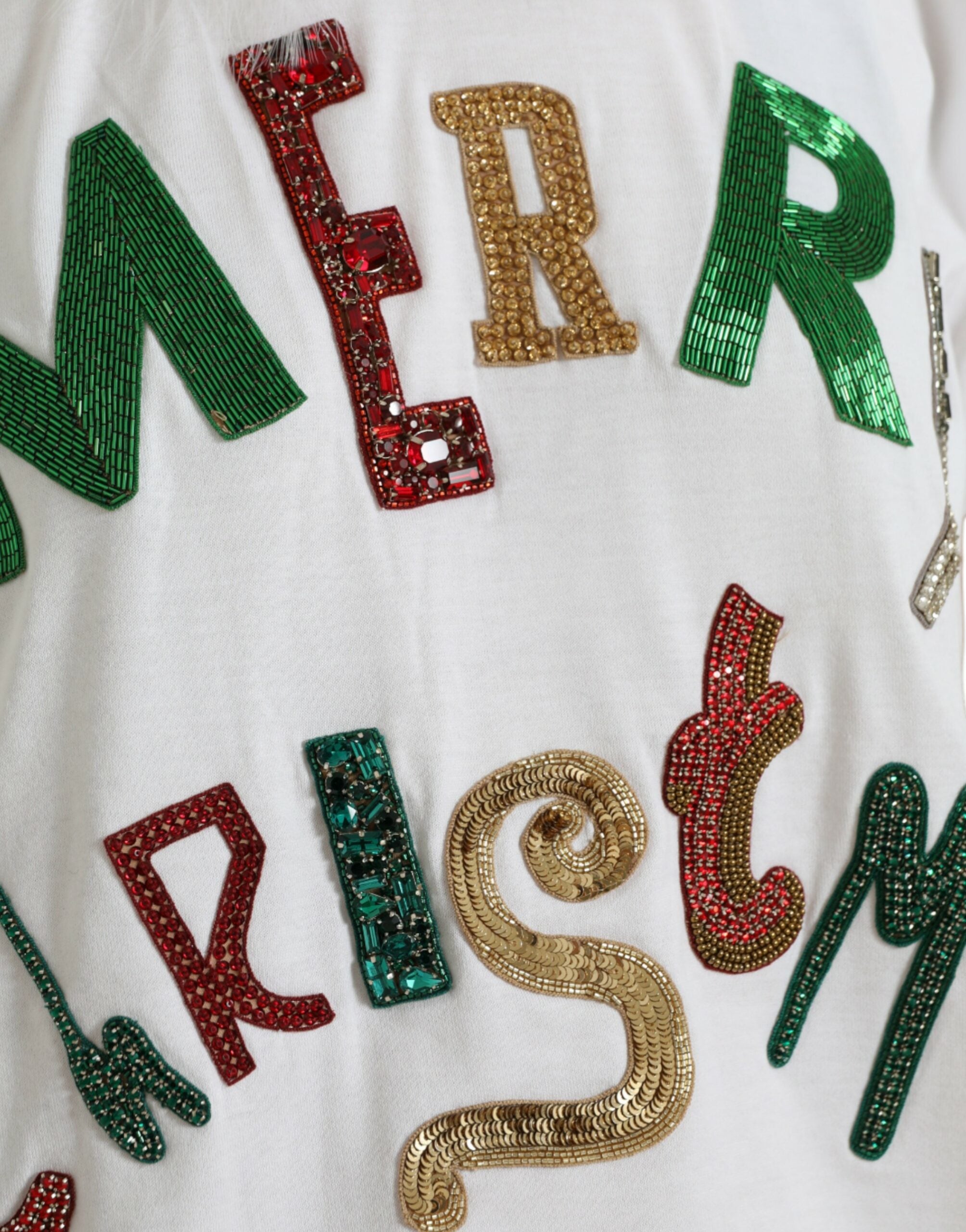 Wit katoenen kerst T-shirt met pailletten en bont