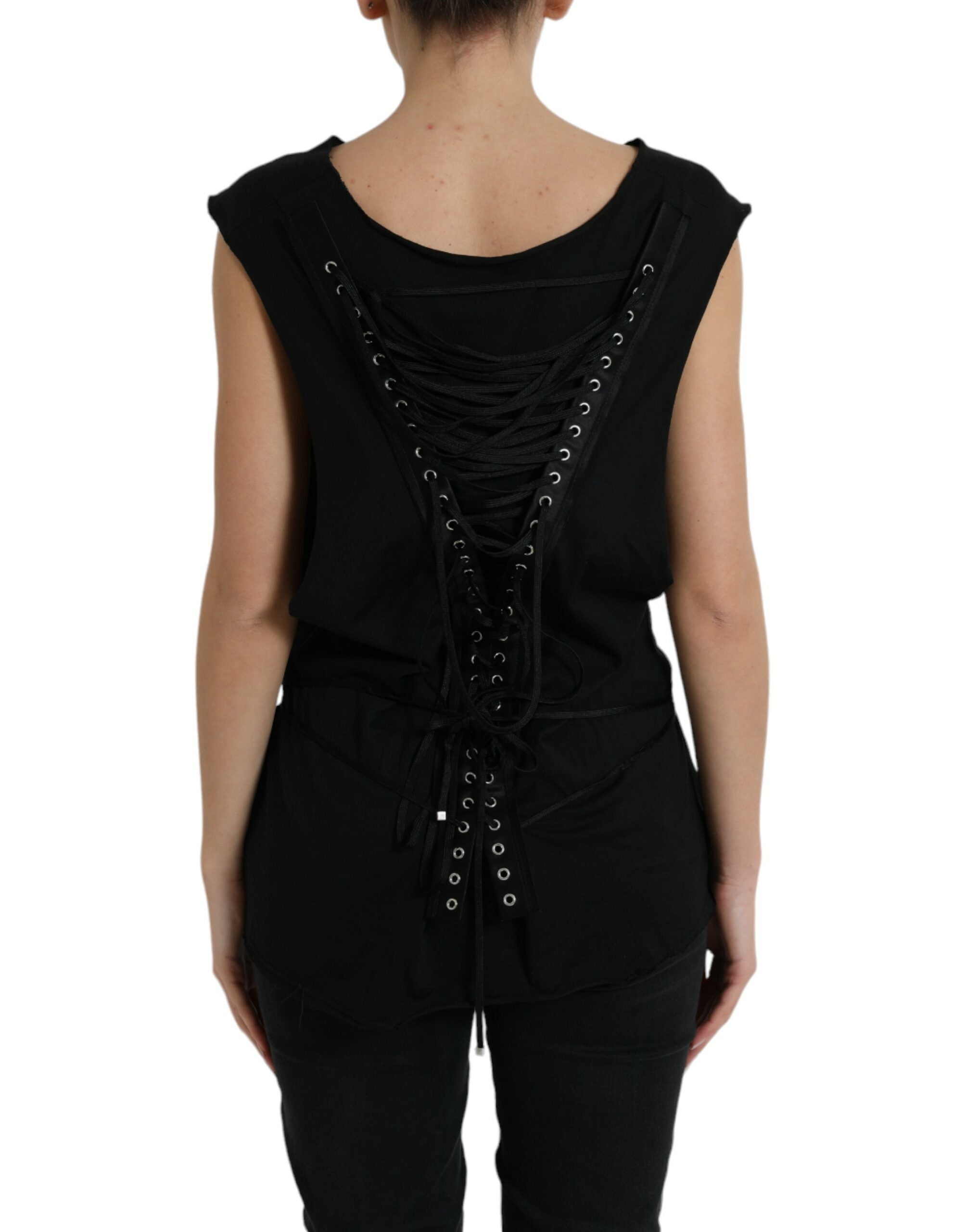 Zwarte katoenen tanktop met vetersluiting en ronde hals