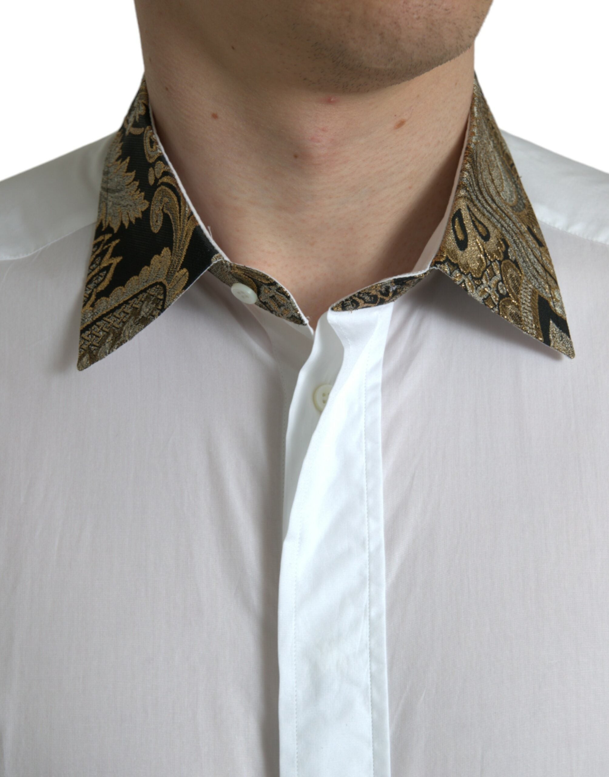 Wit katoenen jacquard formeel goudkleurig overhemd