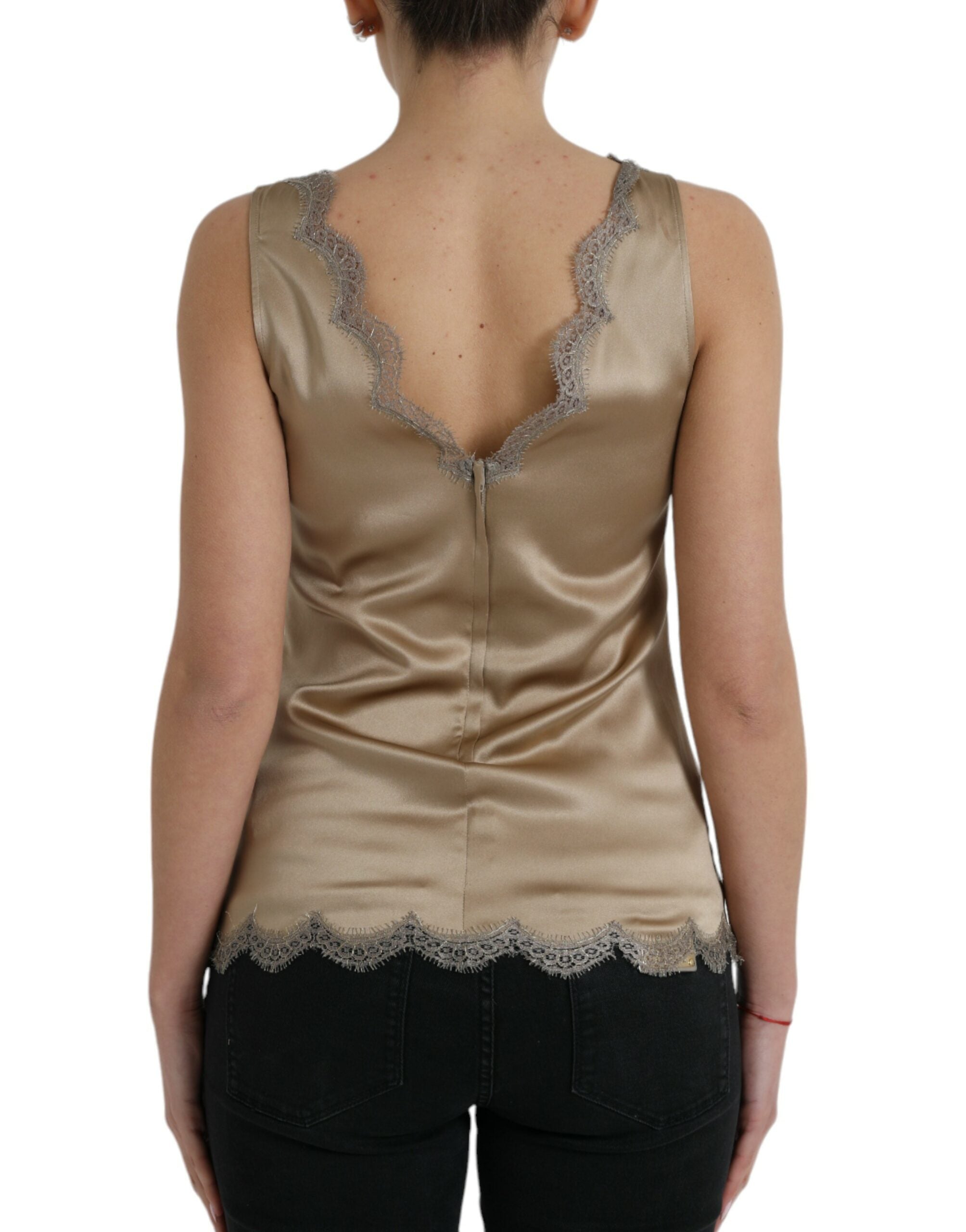 Bruine tanktop met V-hals en kantversiering