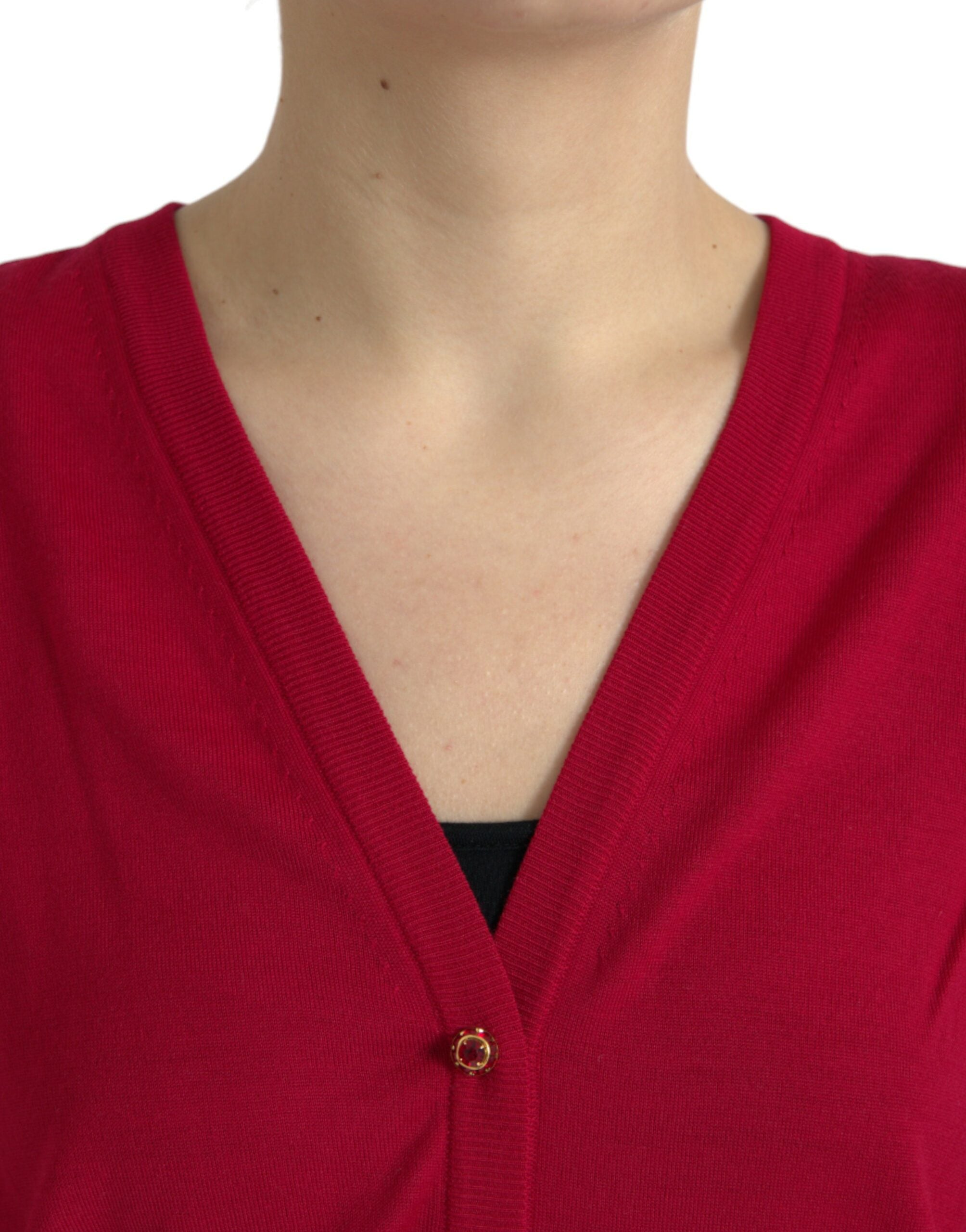 Rode wollen V-hals geknoopte cardigan trui