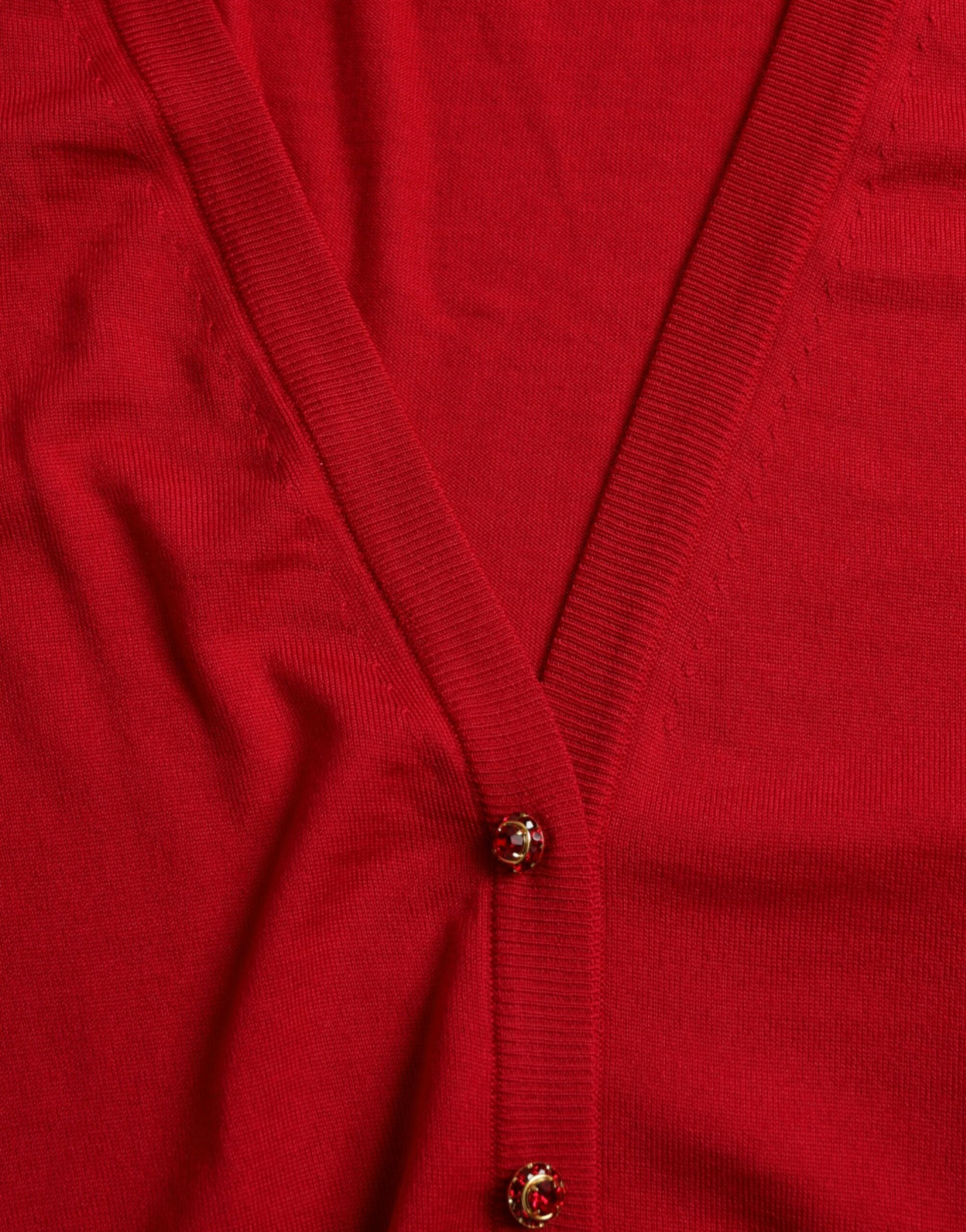 Rode wollen V-hals geknoopte cardigan trui