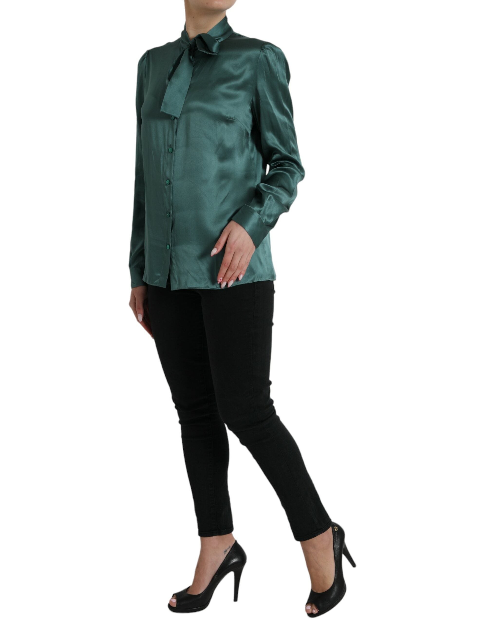 Donkergroene zijden Ascot kraag blouse top
