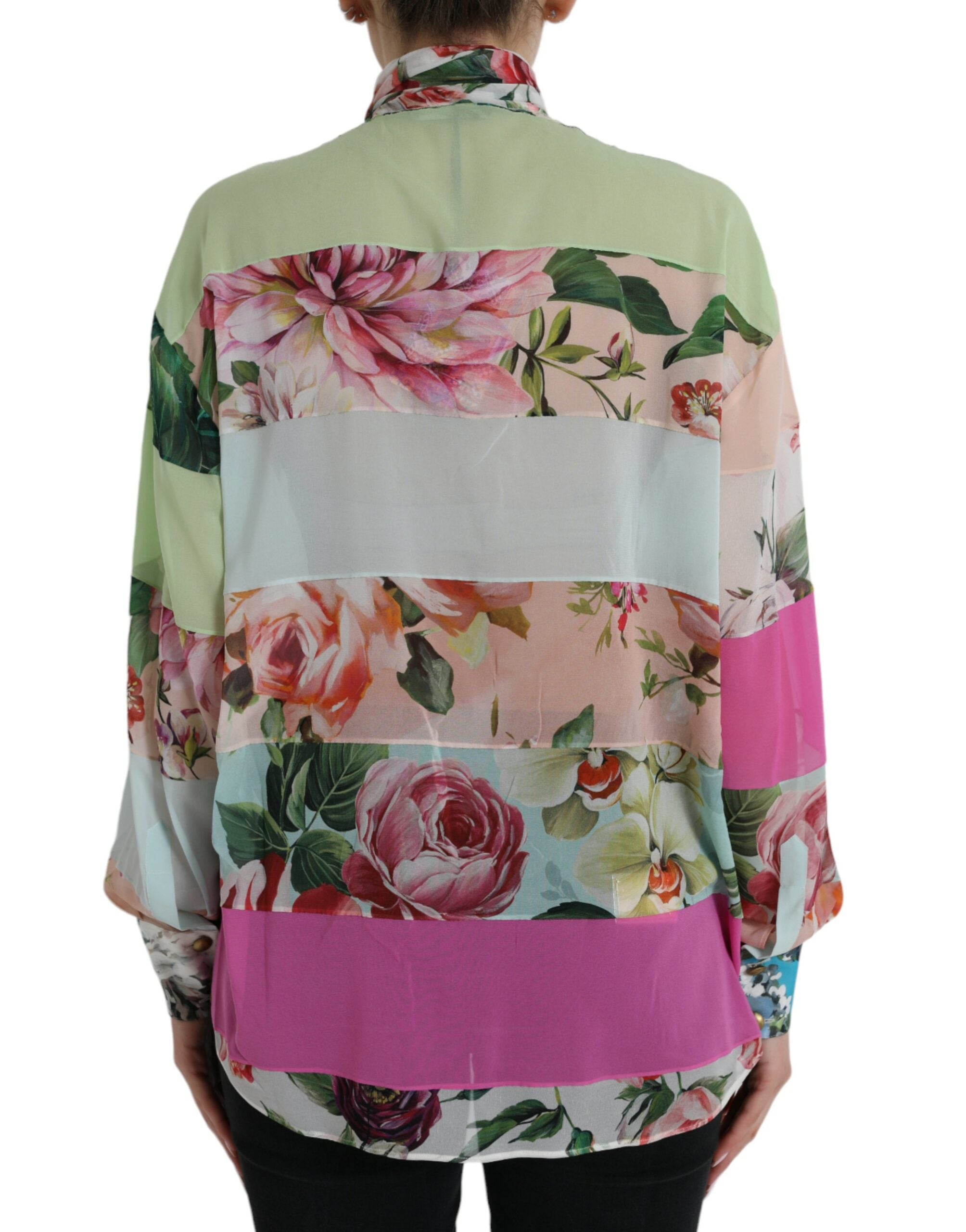 Veelkleurige bloemenpatchwork Ascot kraag top