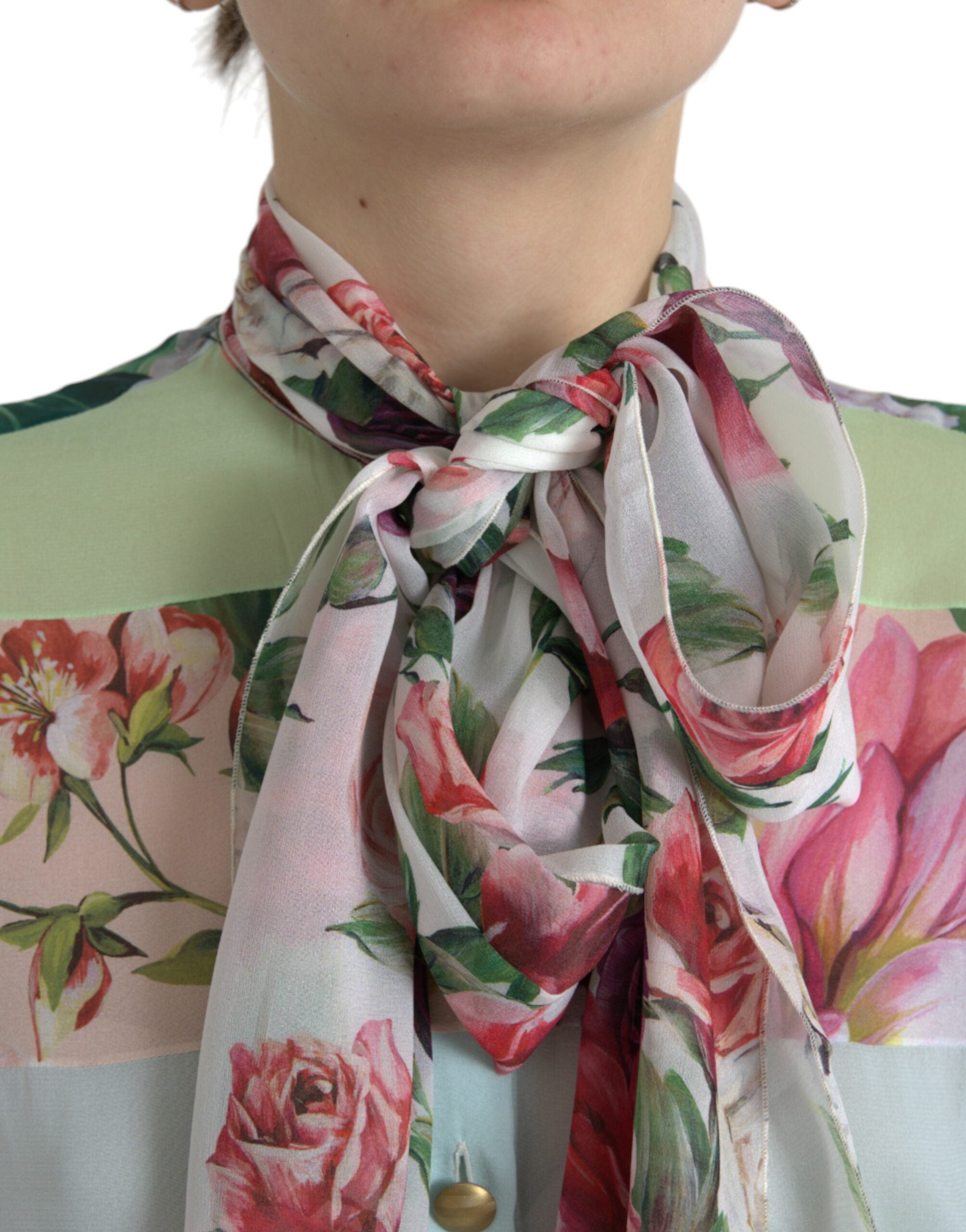 Veelkleurige bloemenpatchwork Ascot kraag top