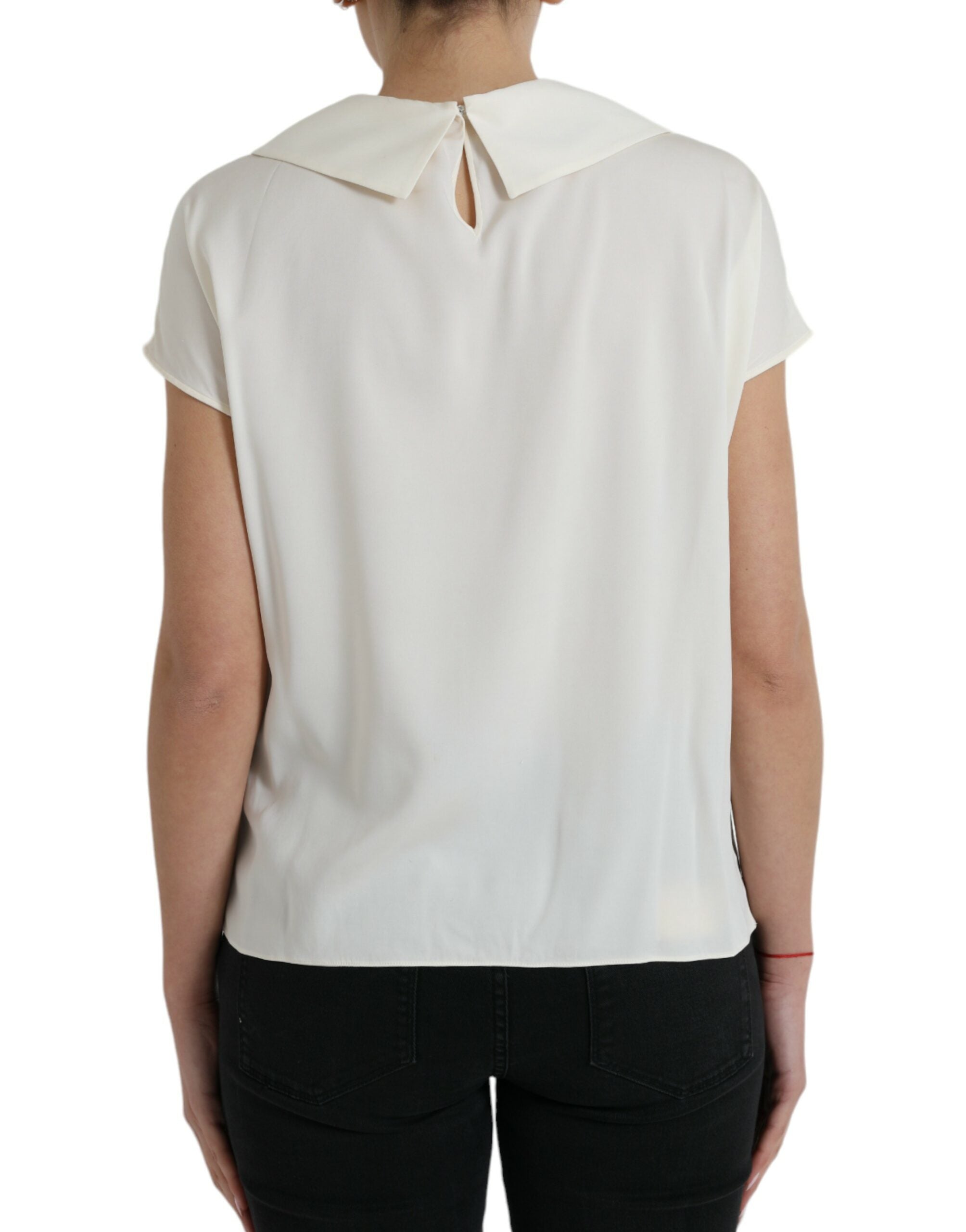 Off White Zijden Top met Kanten Rand en Korte Mouwen