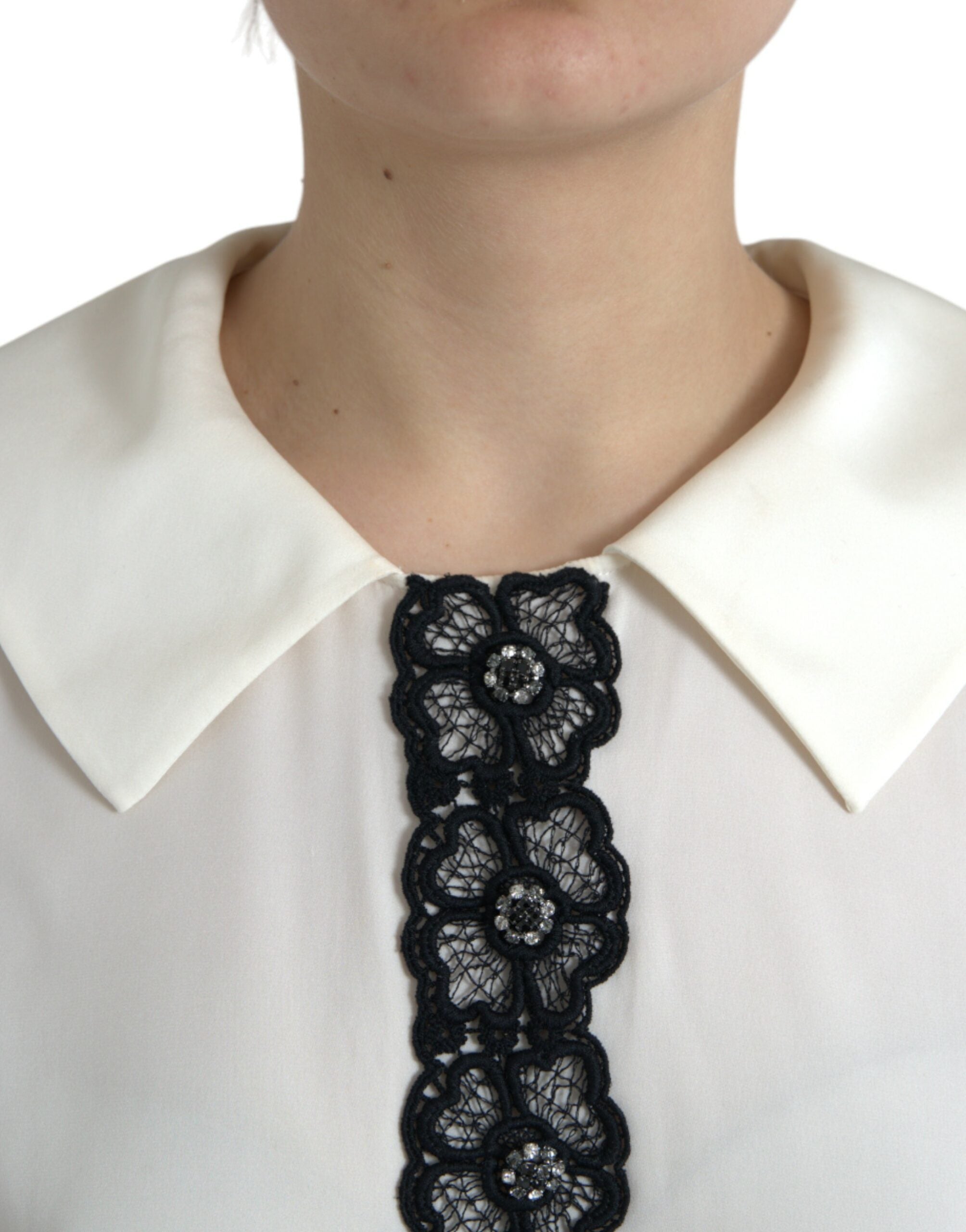Off White Zijden Top met Kanten Rand en Korte Mouwen
