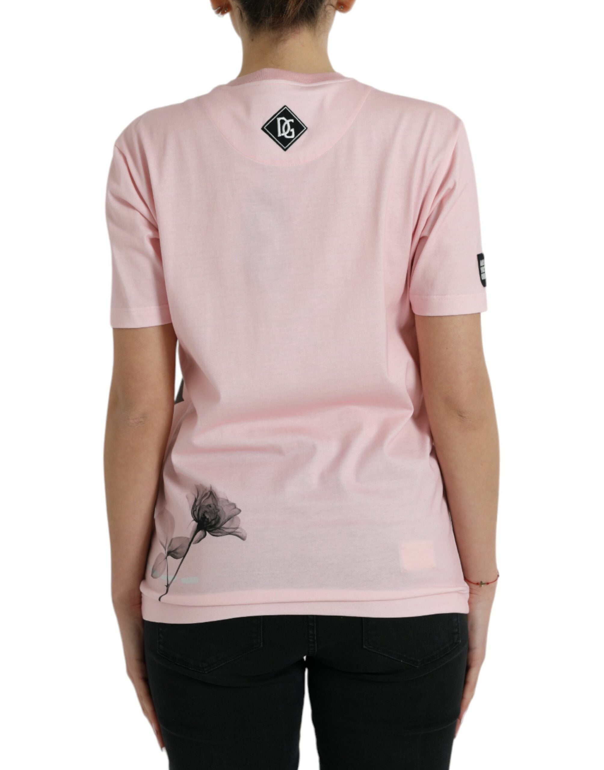 Roze katoenen T-shirt met korte mouwen en bloemenprint