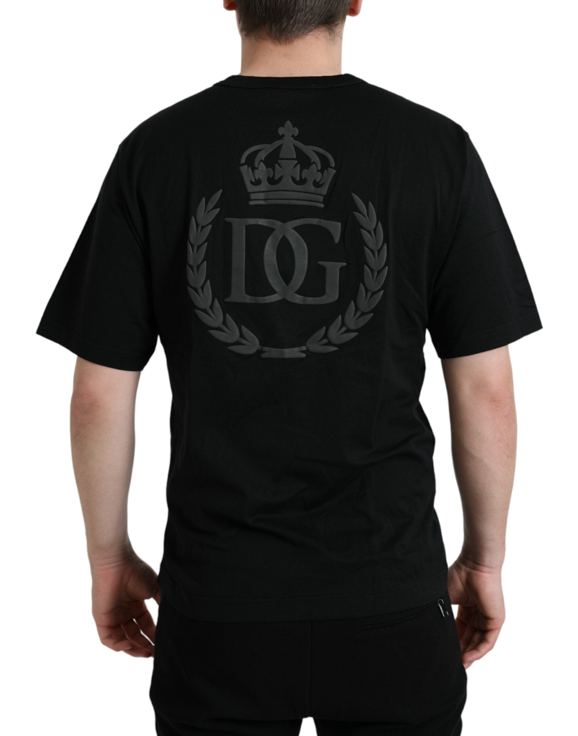 Zwart T-shirt met ronde hals en korte mouwen en logo-reliëf