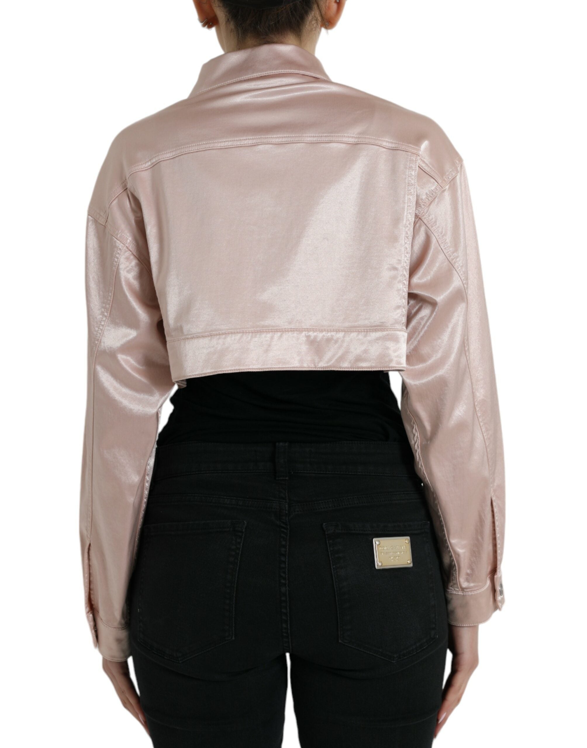 Roze katoenen stretch cropped jasje met kraag