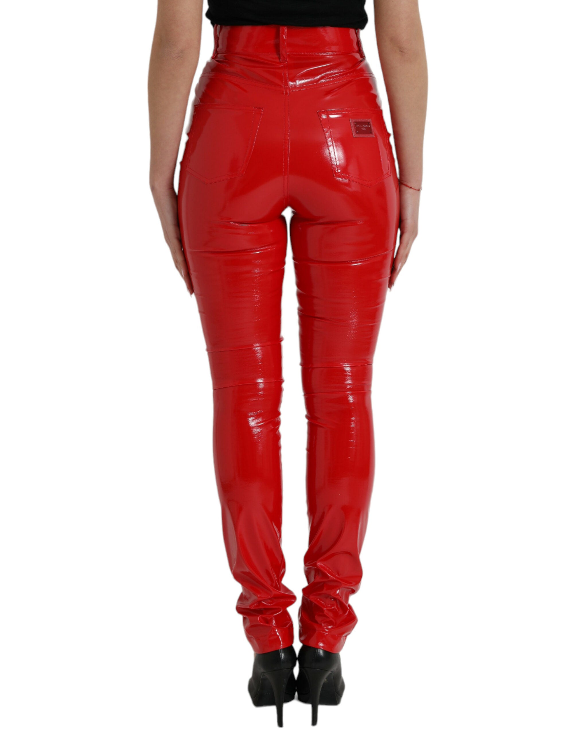 Glanzende rode skinny broek met hoge taille