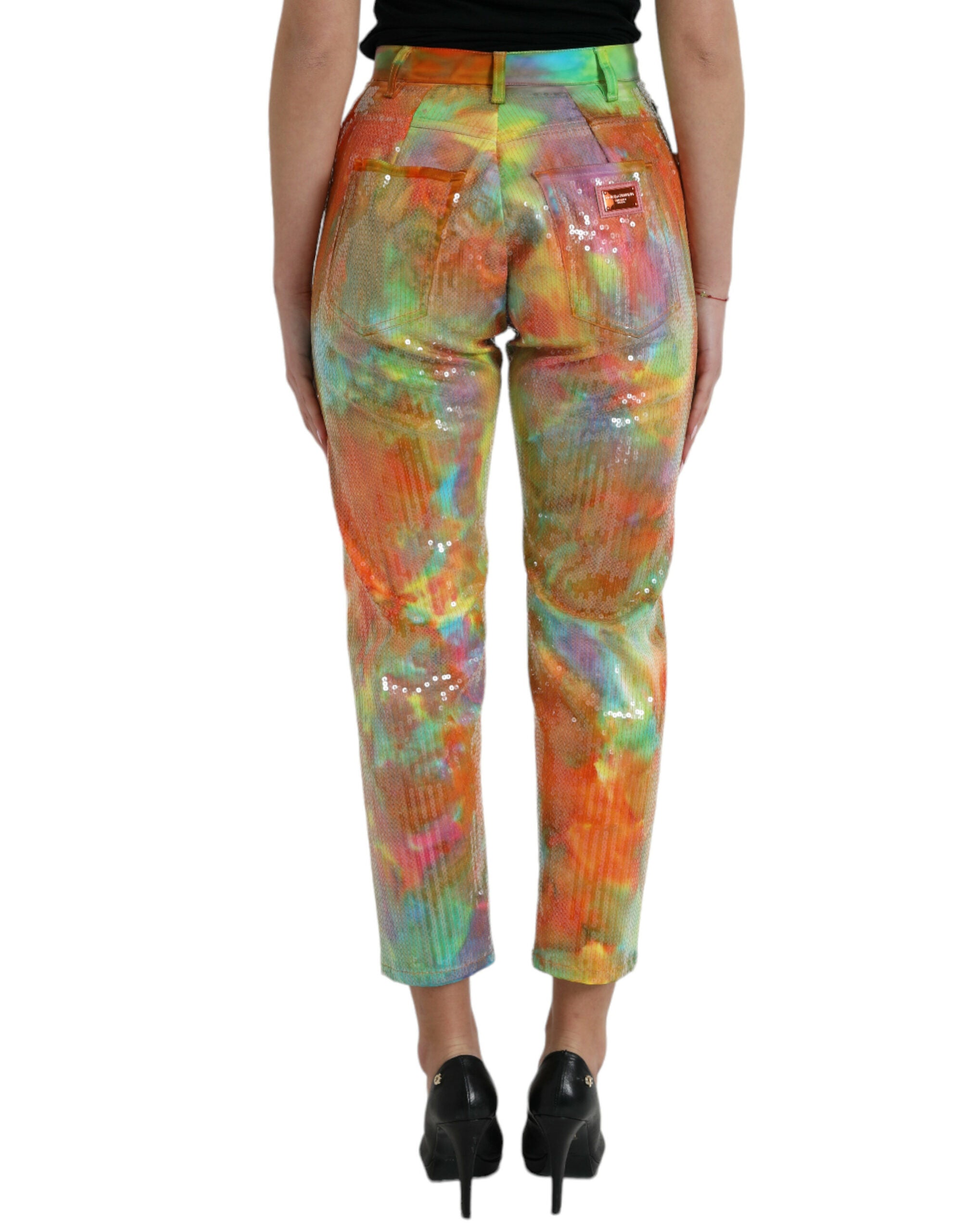 Multicolor Tie Dye Pailletten Hoge Taille Cropped Broek