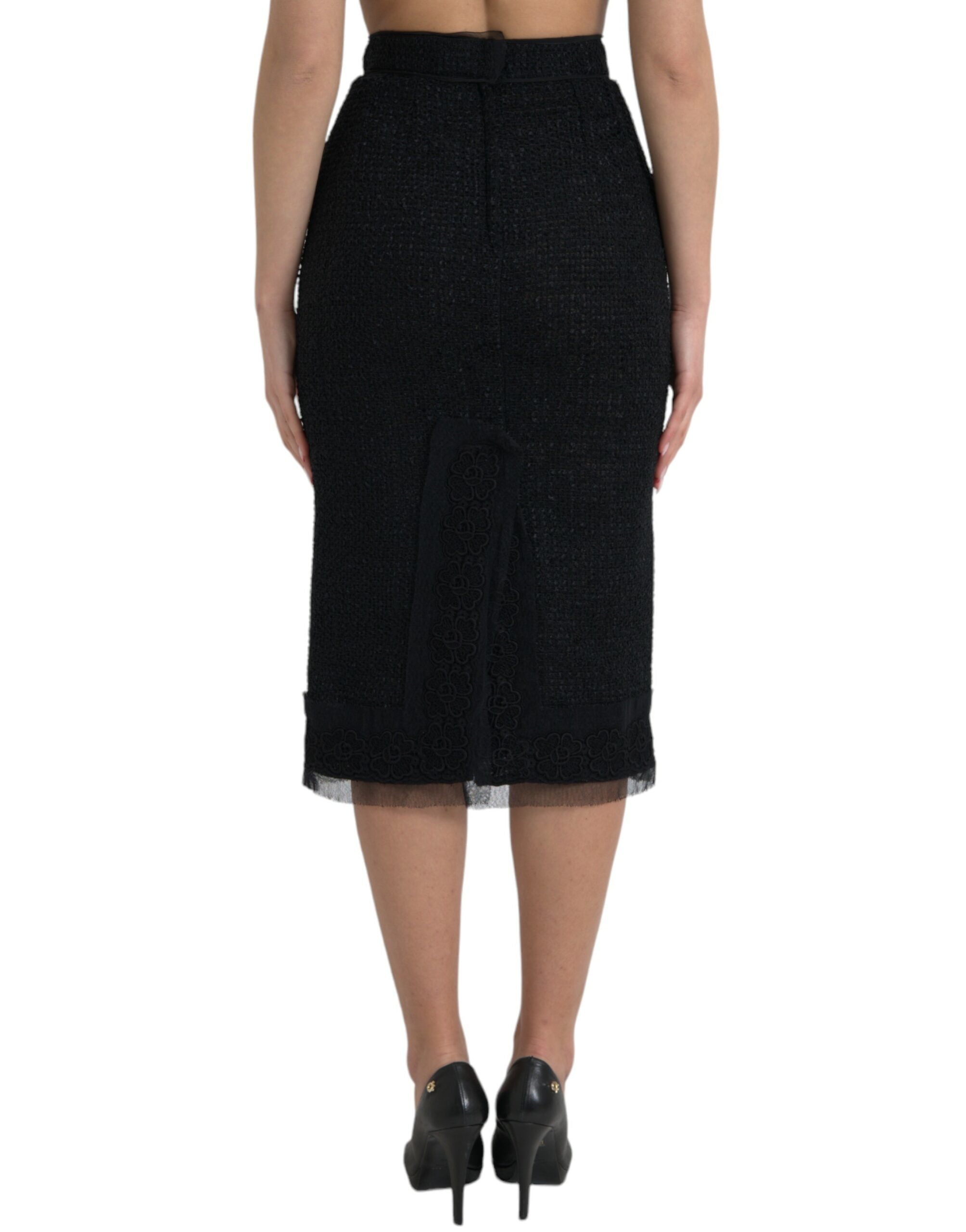 Zwarte wollen midi-rok met hoge taille en kokerrok