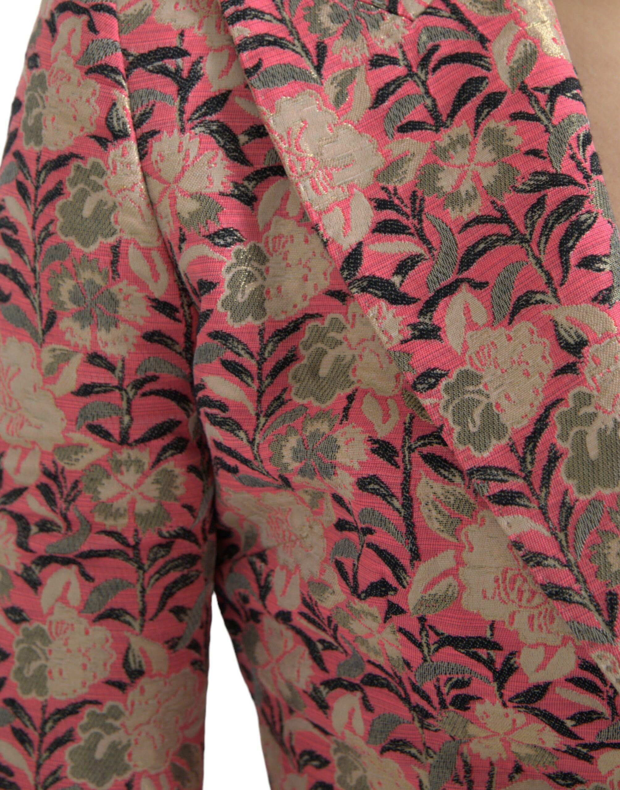 Roze bloemenjacquard slim fit tweedelig pak