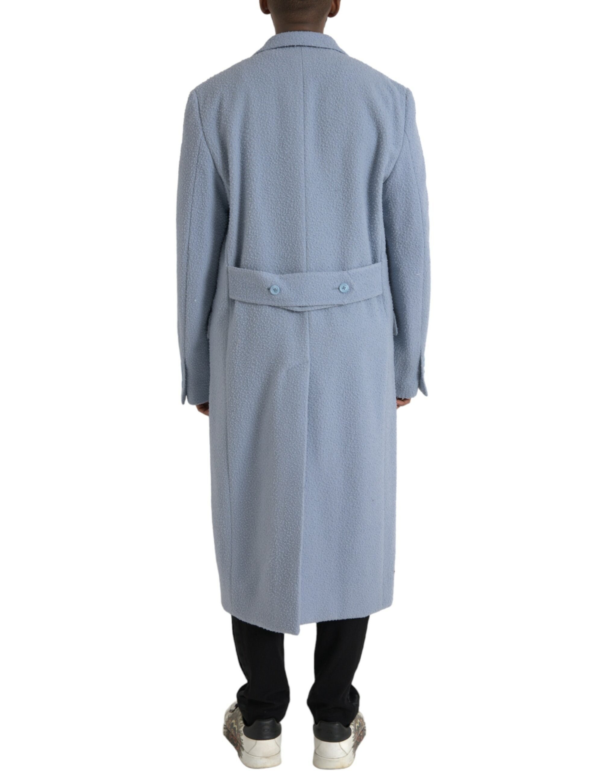 Blauwe dubbele rij knopen lange trenchcoat jas
