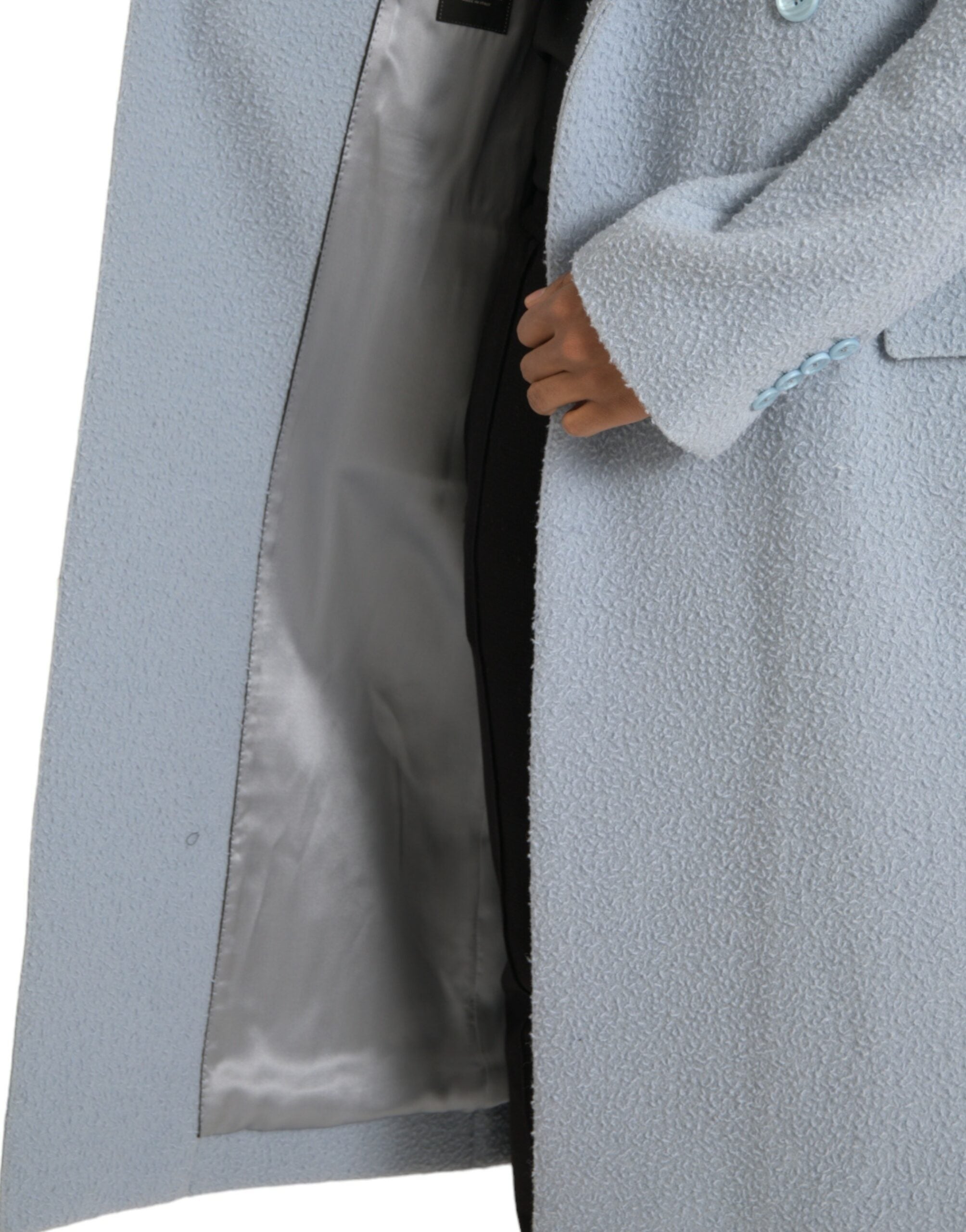 Blauwe dubbele rij knopen lange trenchcoat jas