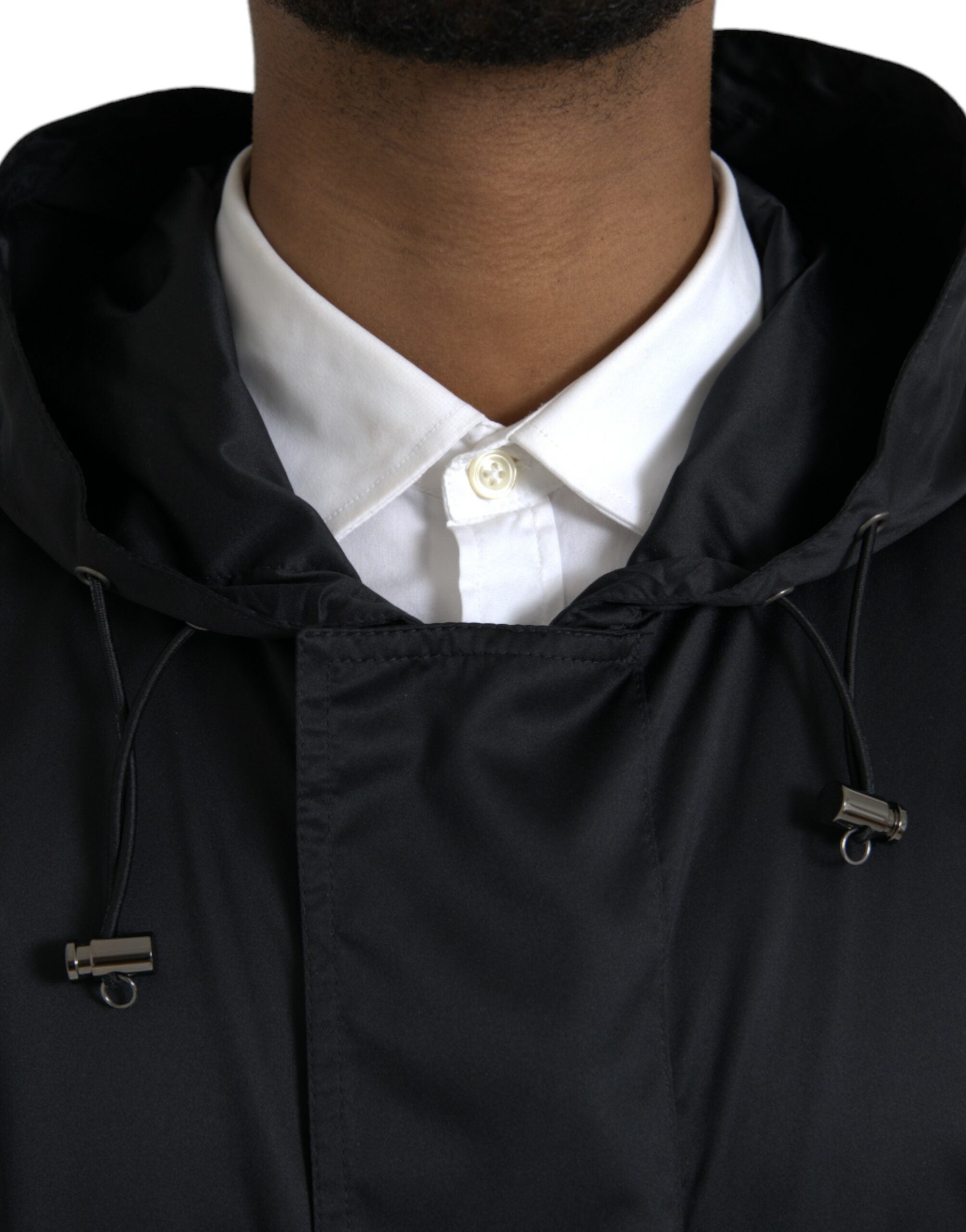 Zwarte polyester lange windjack met capuchon