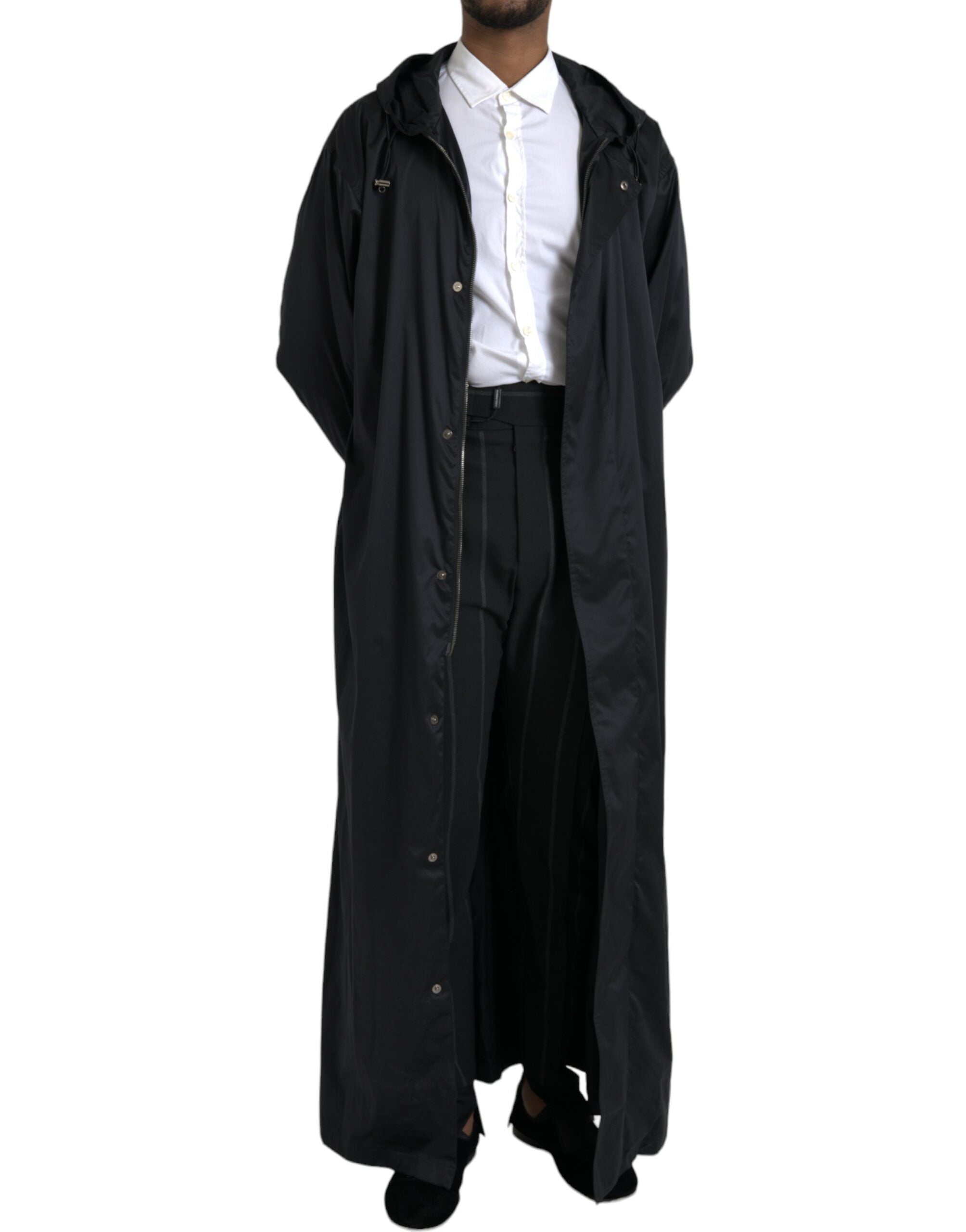 Zwarte polyester lange windjack met capuchon