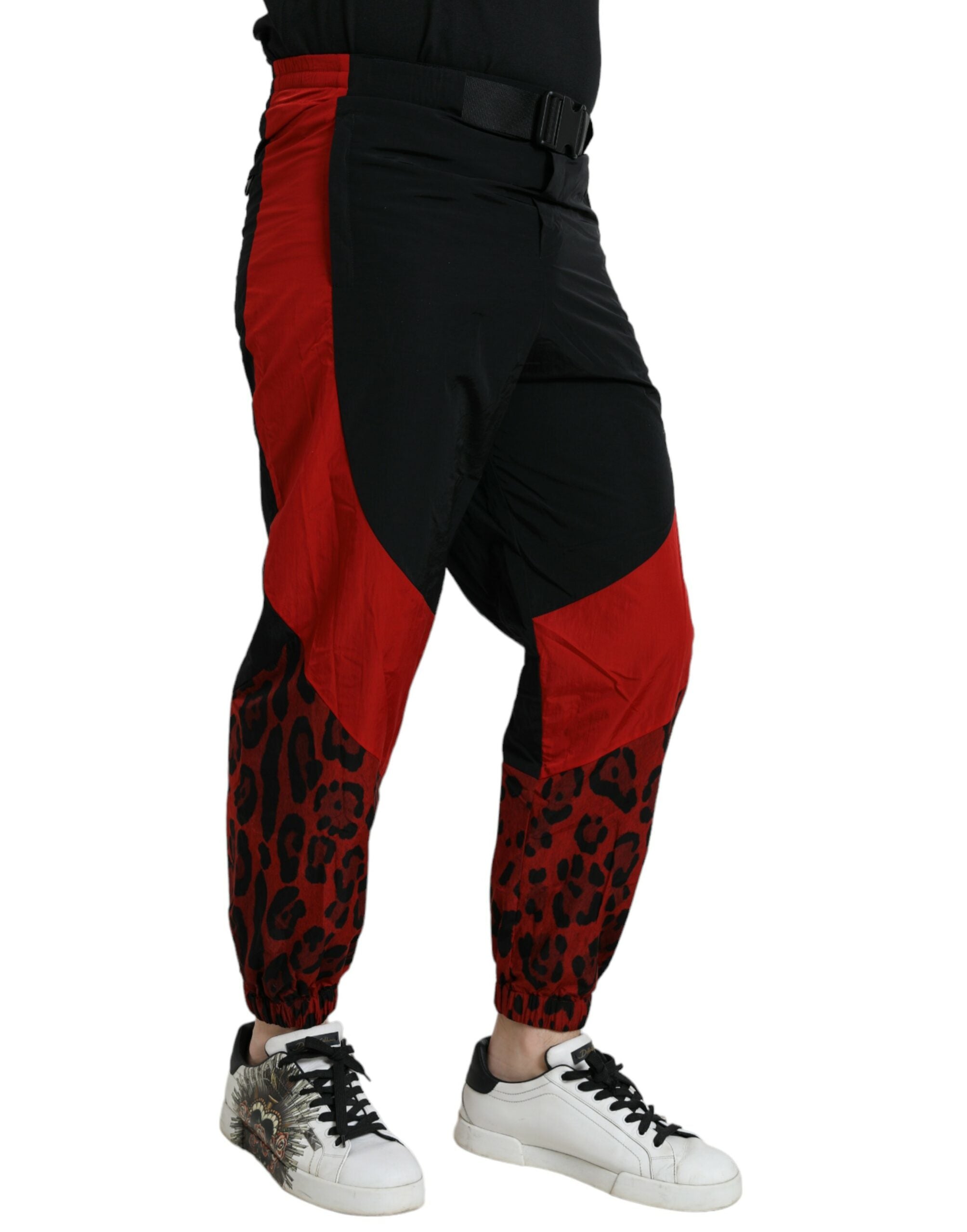 Zwarte rode luipaardprint nylon joggingbroek
