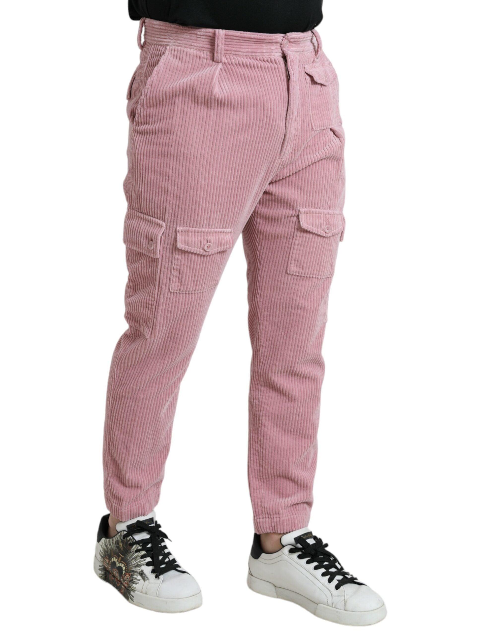 Roze corduroy katoenen stretch skinny cargojeans