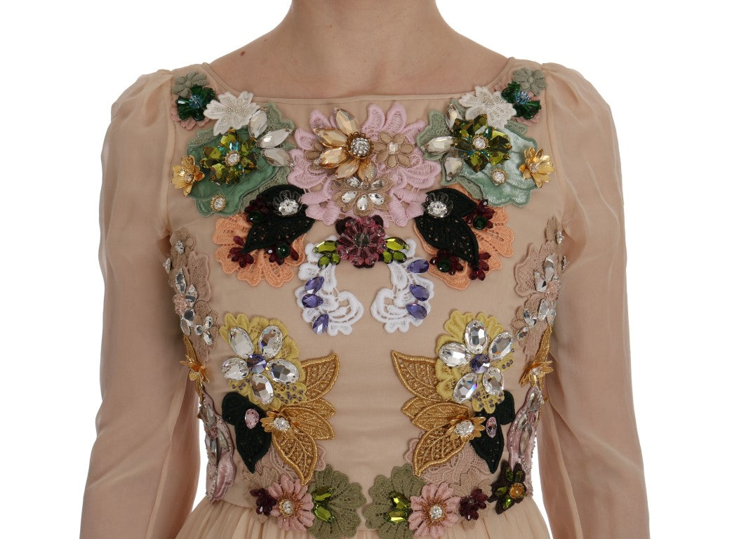 Roze zijden maxi-jurk met bloemenprint en kristal
