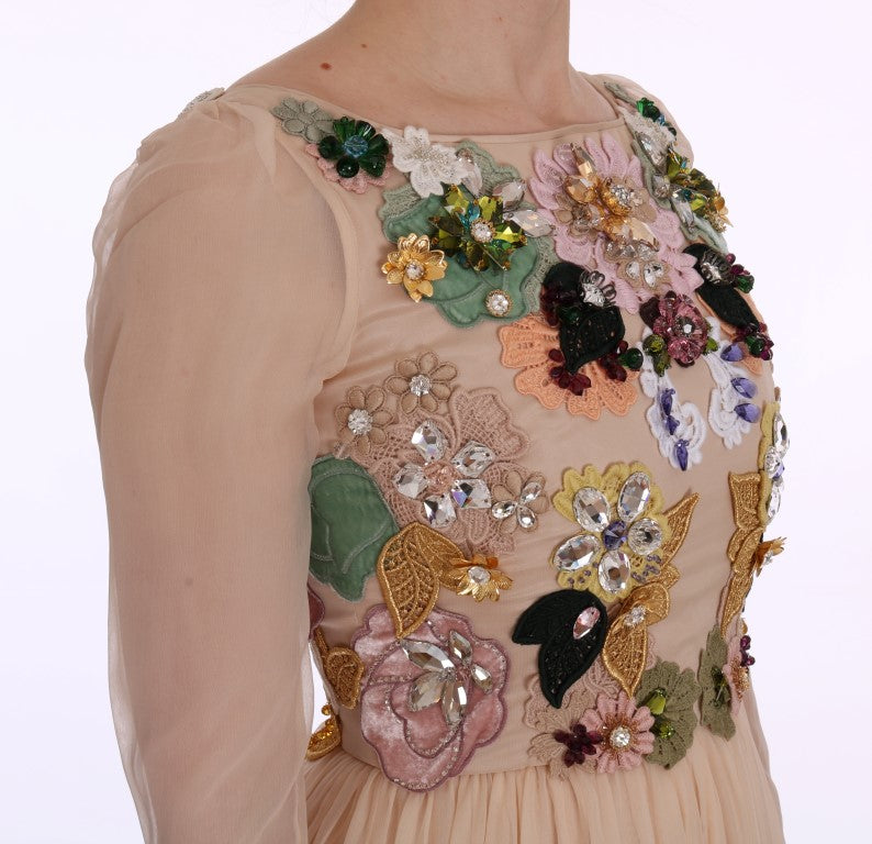 Roze zijden maxi-jurk met bloemenprint en kristal