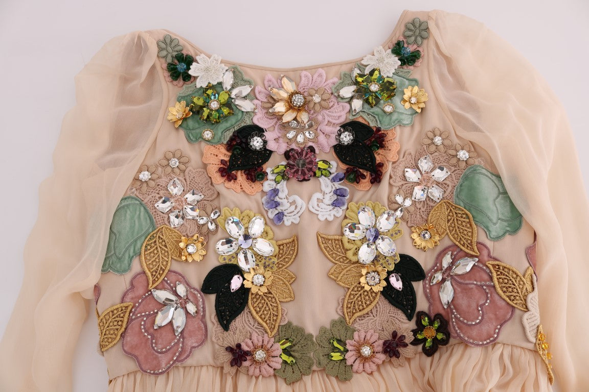 Roze zijden maxi-jurk met bloemenprint en kristal