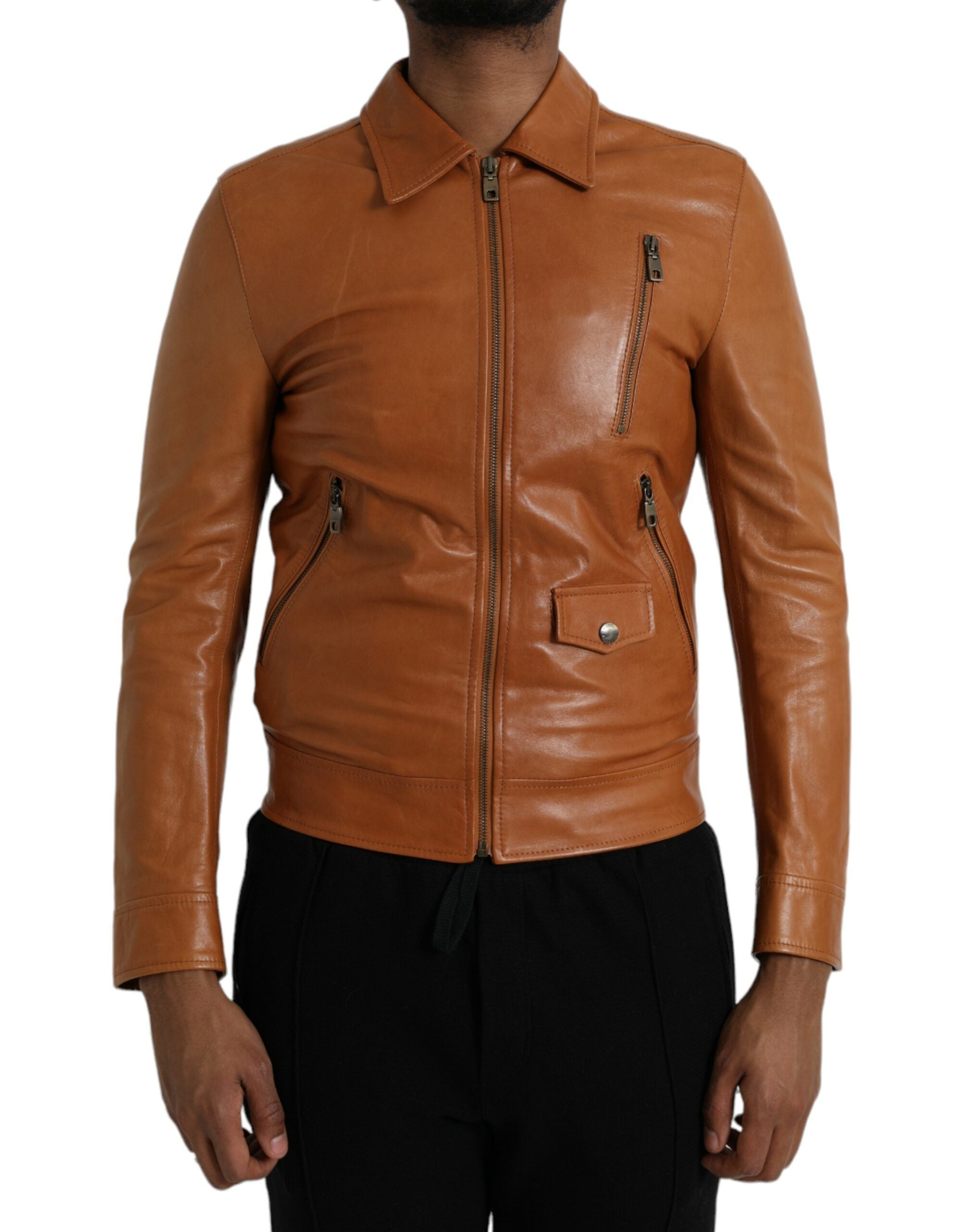 Bruin lamsleren blousonjack met volledige ritssluiting