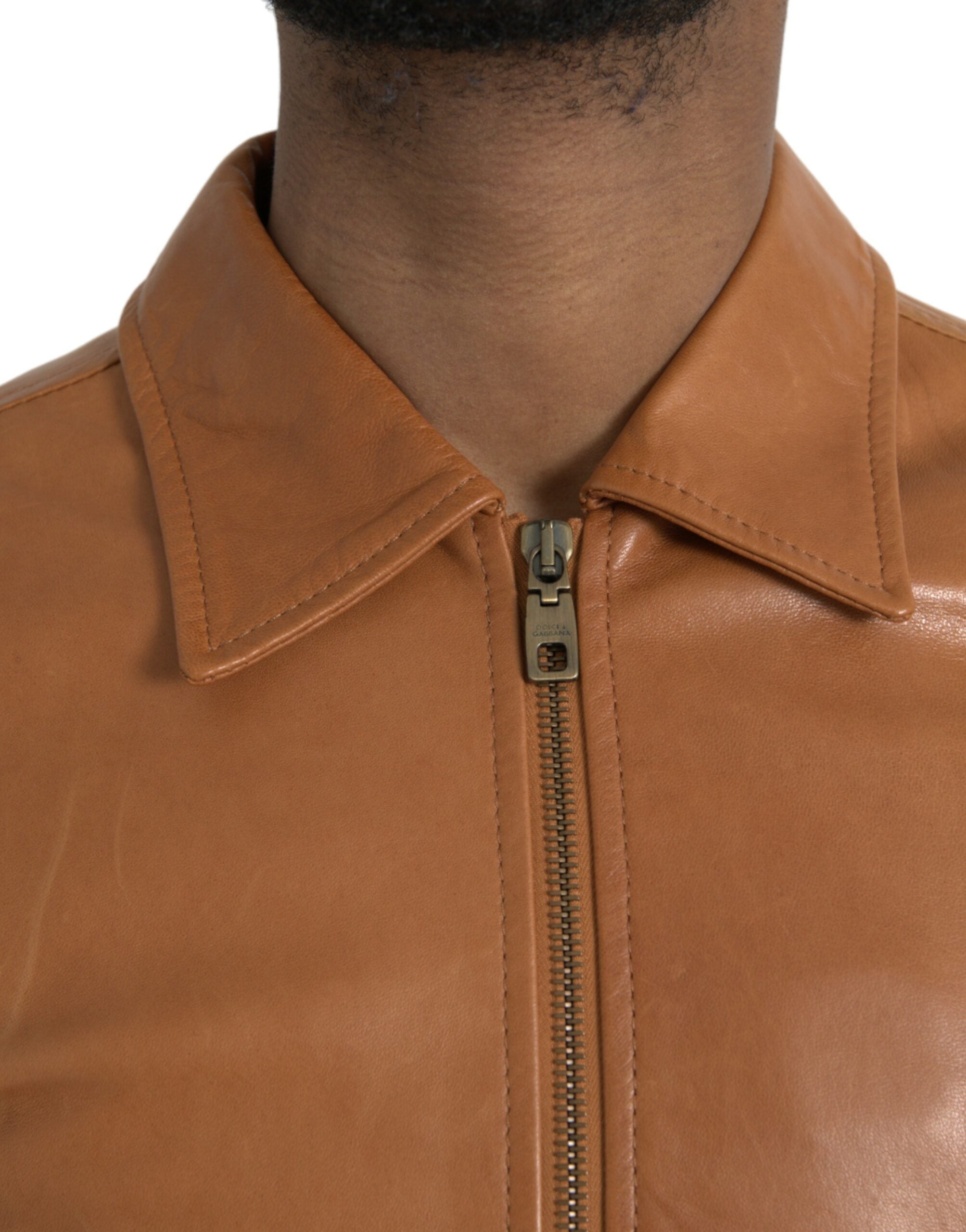 Bruin lamsleren blousonjack met volledige ritssluiting
